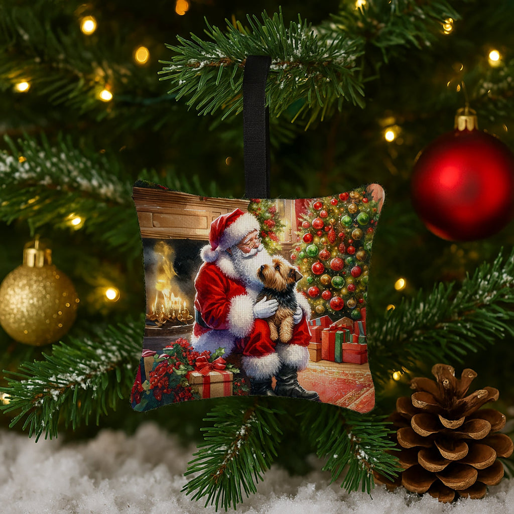 Norfolk Terrier and Santa Claus Hanging Square Fabric Ornament 3.5 × 3.5 Decorative Door-Knob & Tree Hanger, Soft Fabric