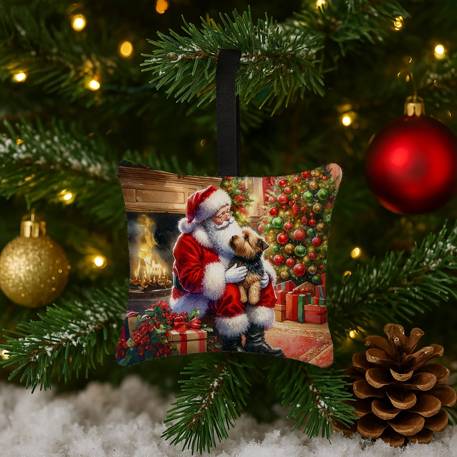 Norfolk Terrier and Santa Claus Hanging Square Fabric Ornament 3.5 × 3.5 Decorative Door-Knob & Tree Hanger, Soft Fabric