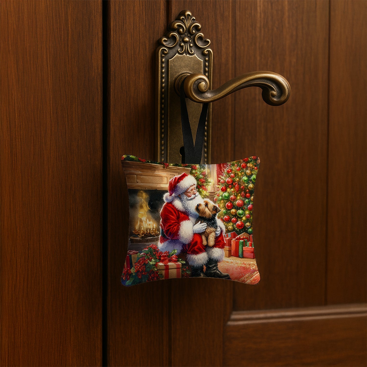 Norfolk Terrier and Santa Claus Hanging Square Fabric Ornament 3.5 × 3.5 Decorative Door-Knob & Tree Hanger, Soft Fabric