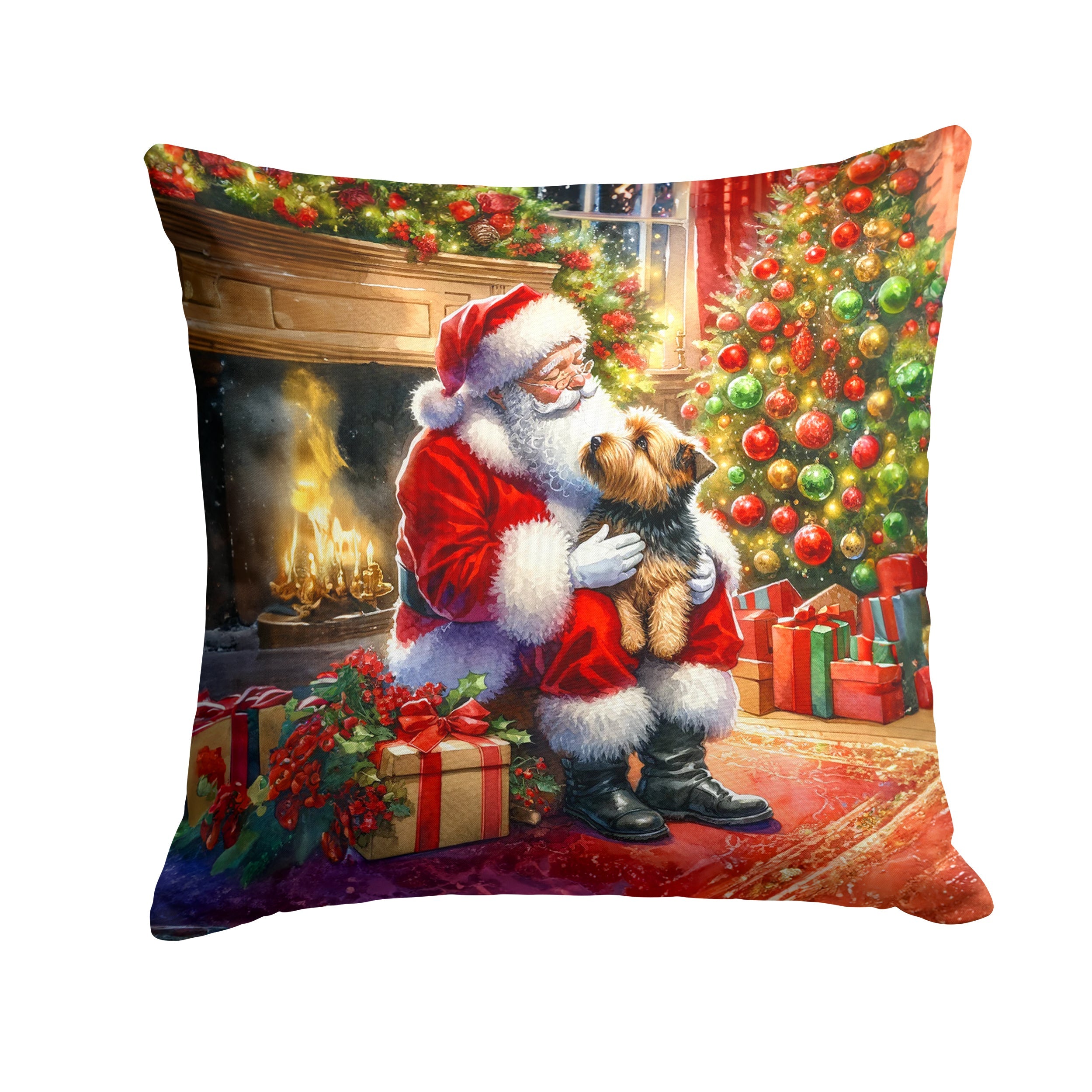 Norfolk Terrier and Santa Claus Decorative Throw Pillow 14x14 Indoor Outdoor Accent Cushion, Fabric Cover with Insert for Sofa, Bed, Porch & Living Room
