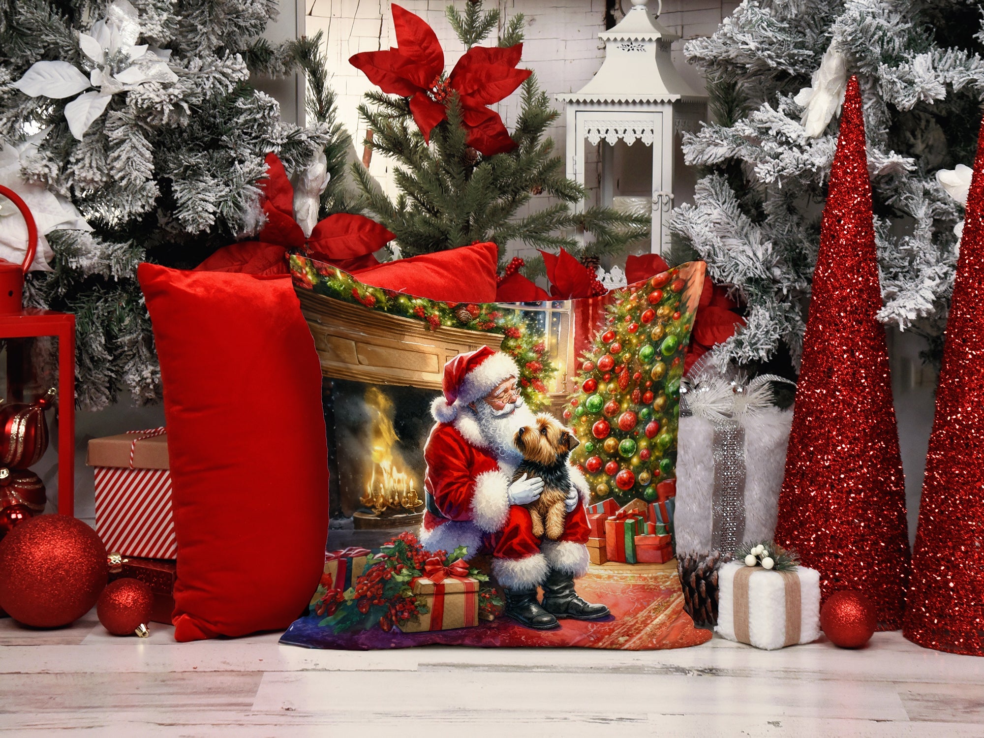 Norfolk Terrier and Santa Claus Decorative Throw Pillow 14x14 Indoor Outdoor Accent Cushion, Fabric Cover with Insert for Sofa, Bed, Porch & Living Room