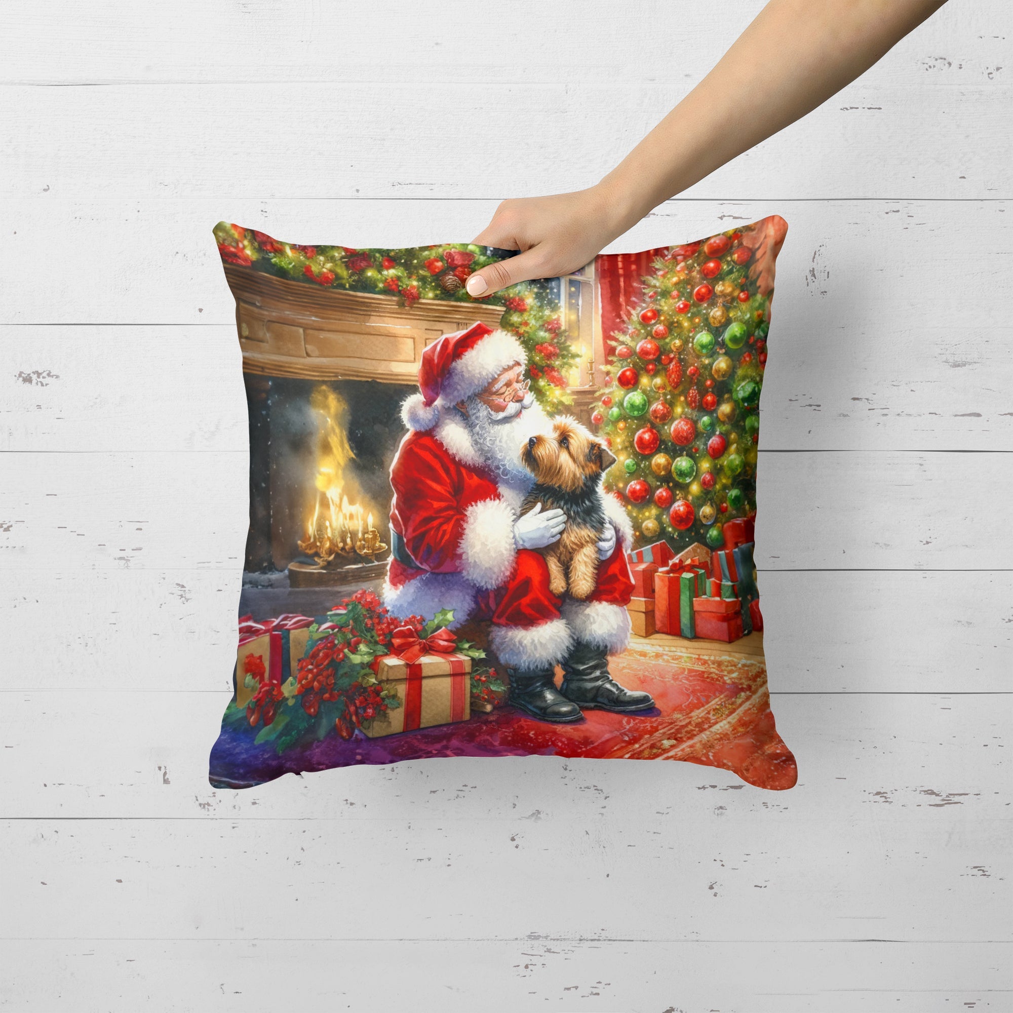 Norfolk Terrier and Santa Claus Decorative Throw Pillow 18x18 Indoor Outdoor Accent Cushion, Fabric Cover with Insert for Sofa, Bed, Porch & Living Room