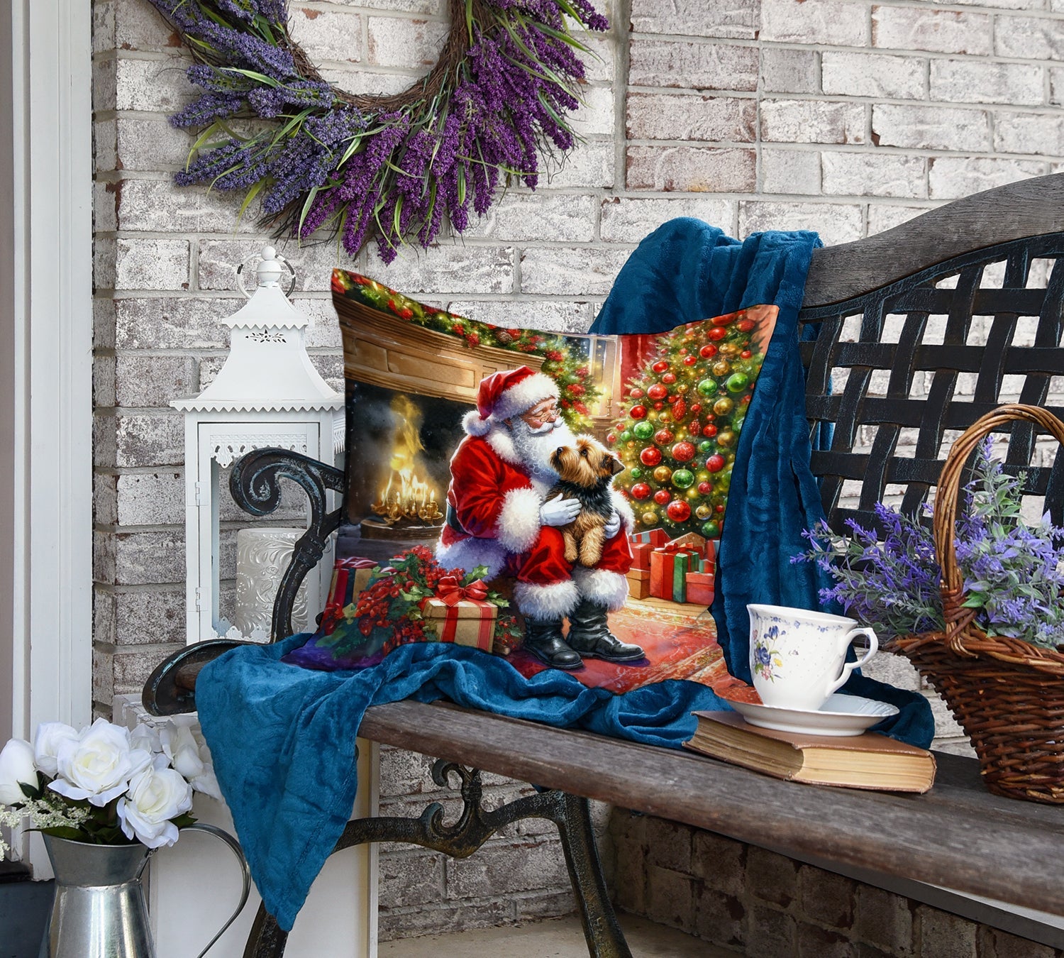 Norfolk Terrier and Santa Claus Decorative Throw Pillow 18x18 Indoor Outdoor Accent Cushion, Fabric Cover with Insert for Sofa, Bed, Porch & Living Room