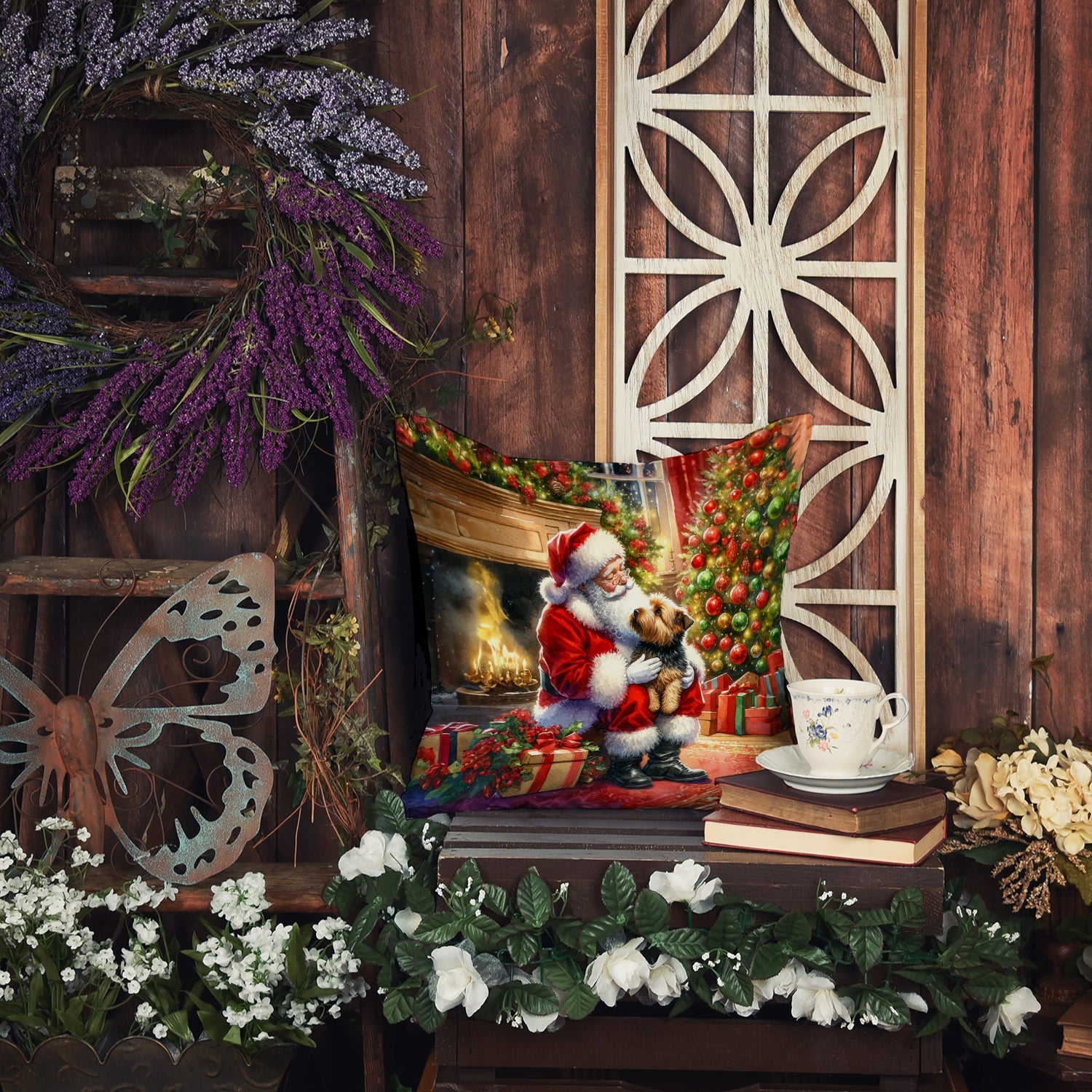Norfolk Terrier and Santa Claus Decorative Throw Pillow 18x18 Indoor Outdoor Accent Cushion, Fabric Cover with Insert for Sofa, Bed, Porch & Living Room