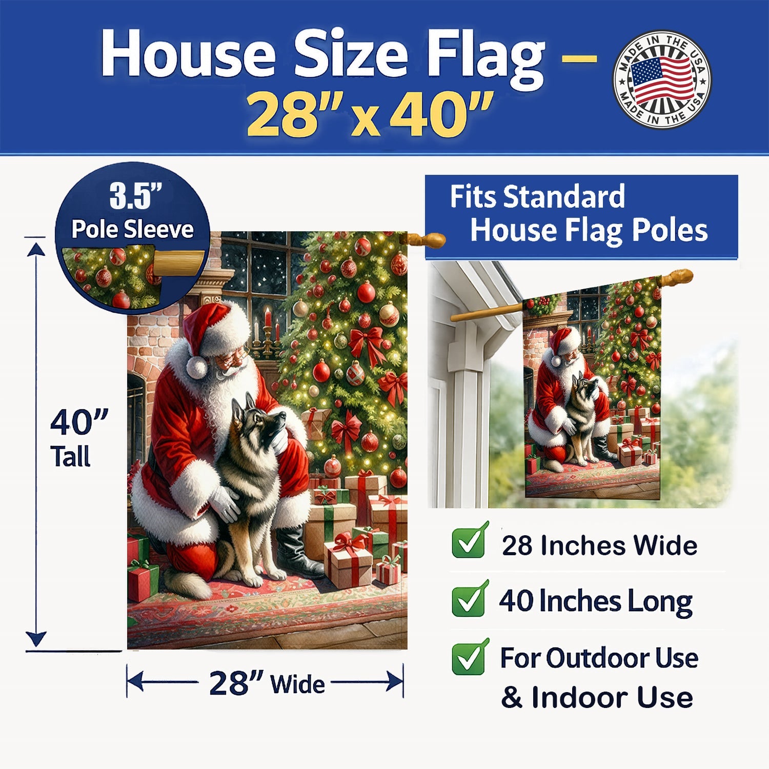 Norwegian Elkhound and Santa Claus House Flag 28x40 Porch Sleeve Pole Decorative Outside Yard Banner Artwork Wall Hanging, Polyester