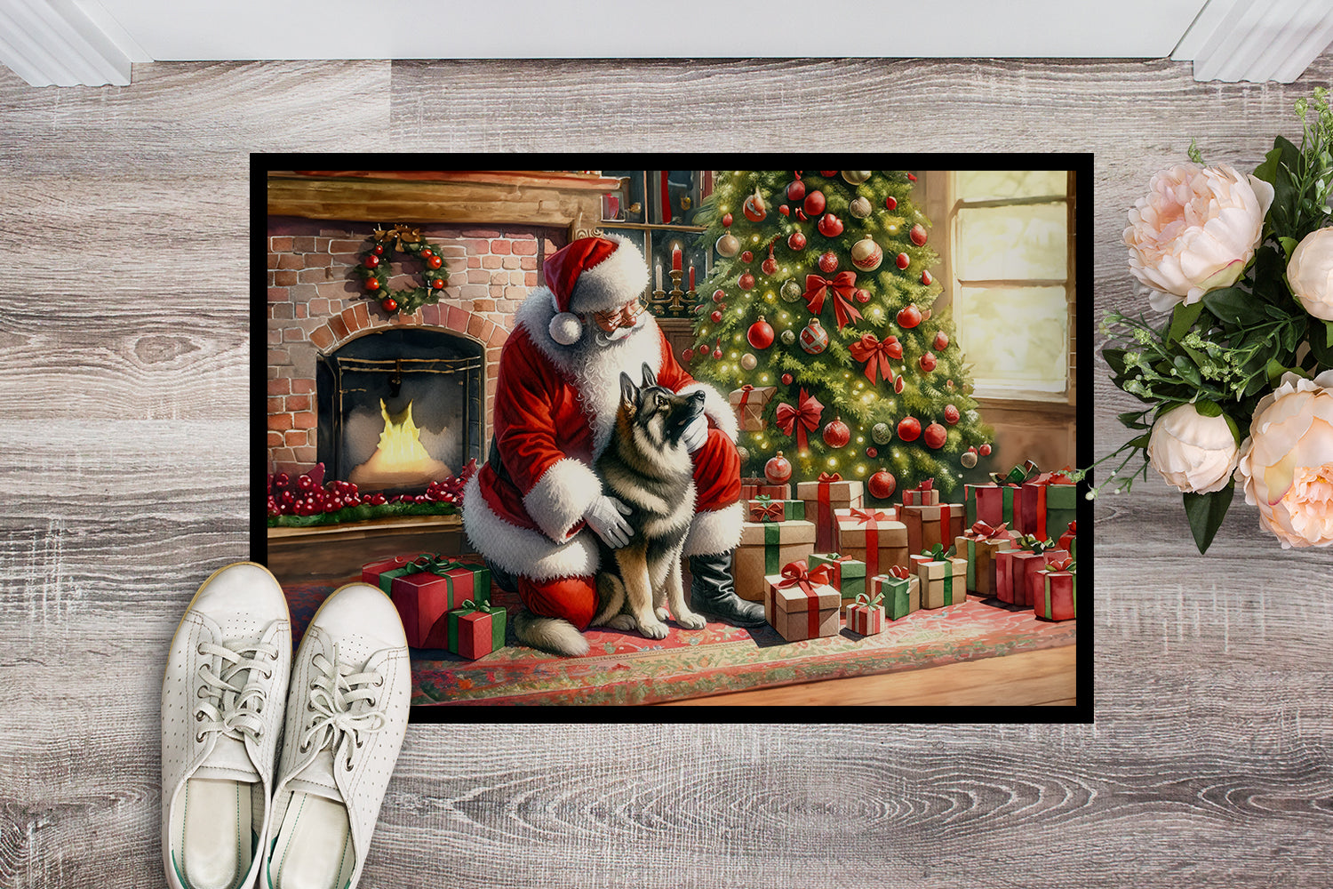 Norwegian Elkhound and Santa Claus Doormat Indoor Outdoor 24H X 36W Front Door Mat Rugs for Entryway, Non Slip Washable Low Pile,