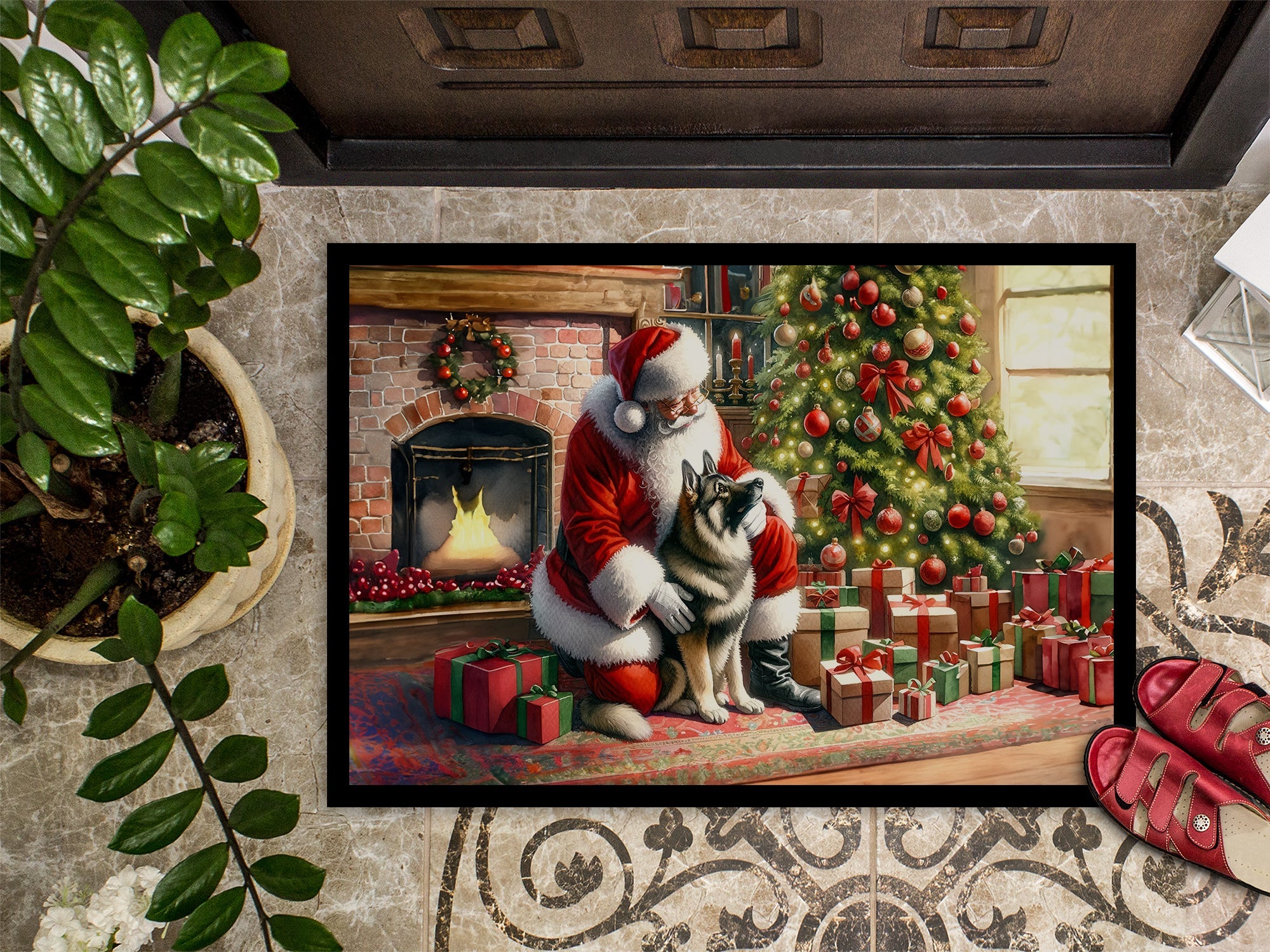 Norwegian Elkhound and Santa Claus Doormat Indoor Outdoor 24H X 36W Front Door Mat Rugs for Entryway, Non Slip Washable Low Pile,