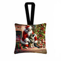 Norwegian Elkhound and Santa Claus Hanging Square Fabric Ornament 3.5 × 3.5 Decorative Door-Knob & Tree Hanger, Soft Fabric