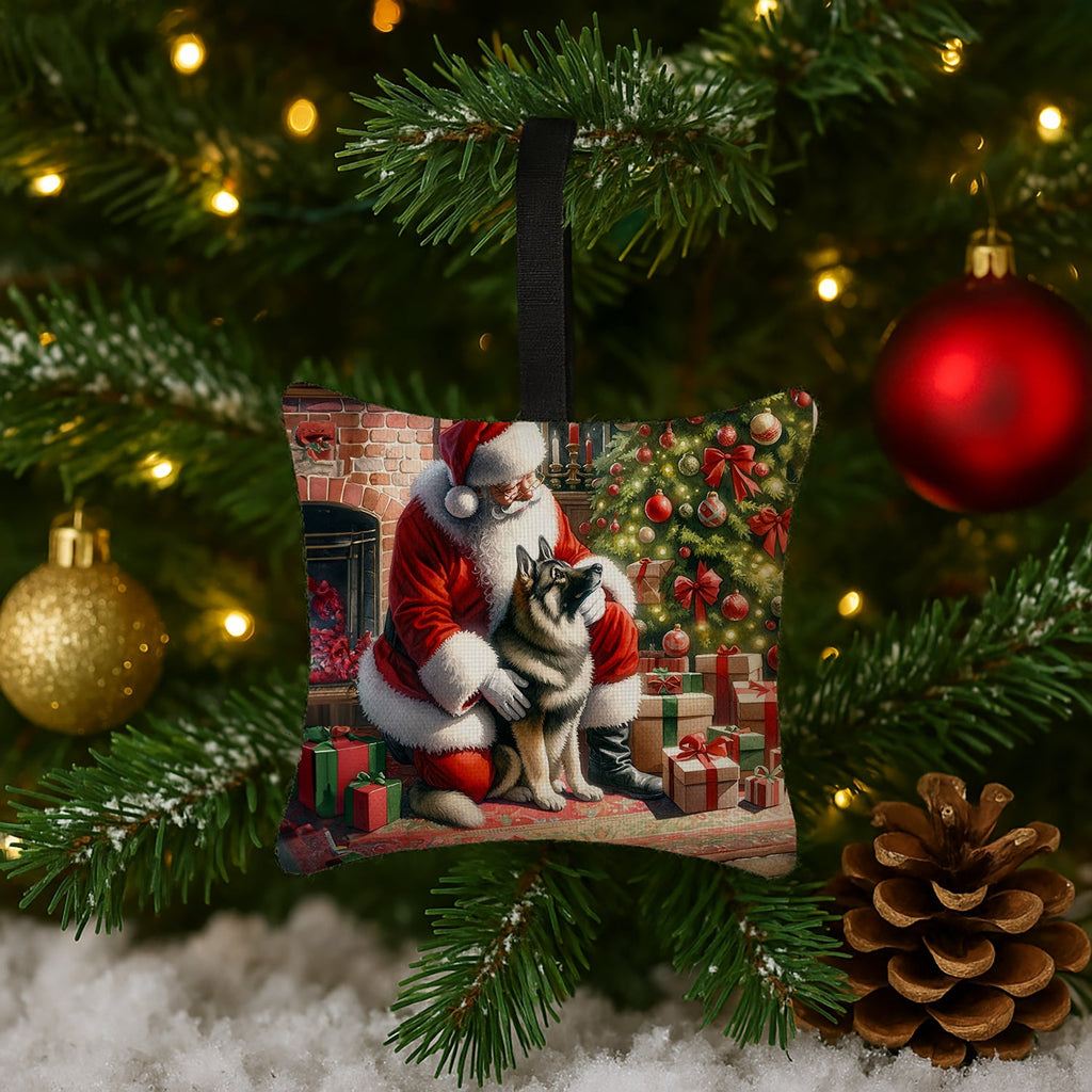 Norwegian Elkhound and Santa Claus Hanging Square Fabric Ornament 3.5 × 3.5 Decorative Door-Knob & Tree Hanger, Soft Fabric