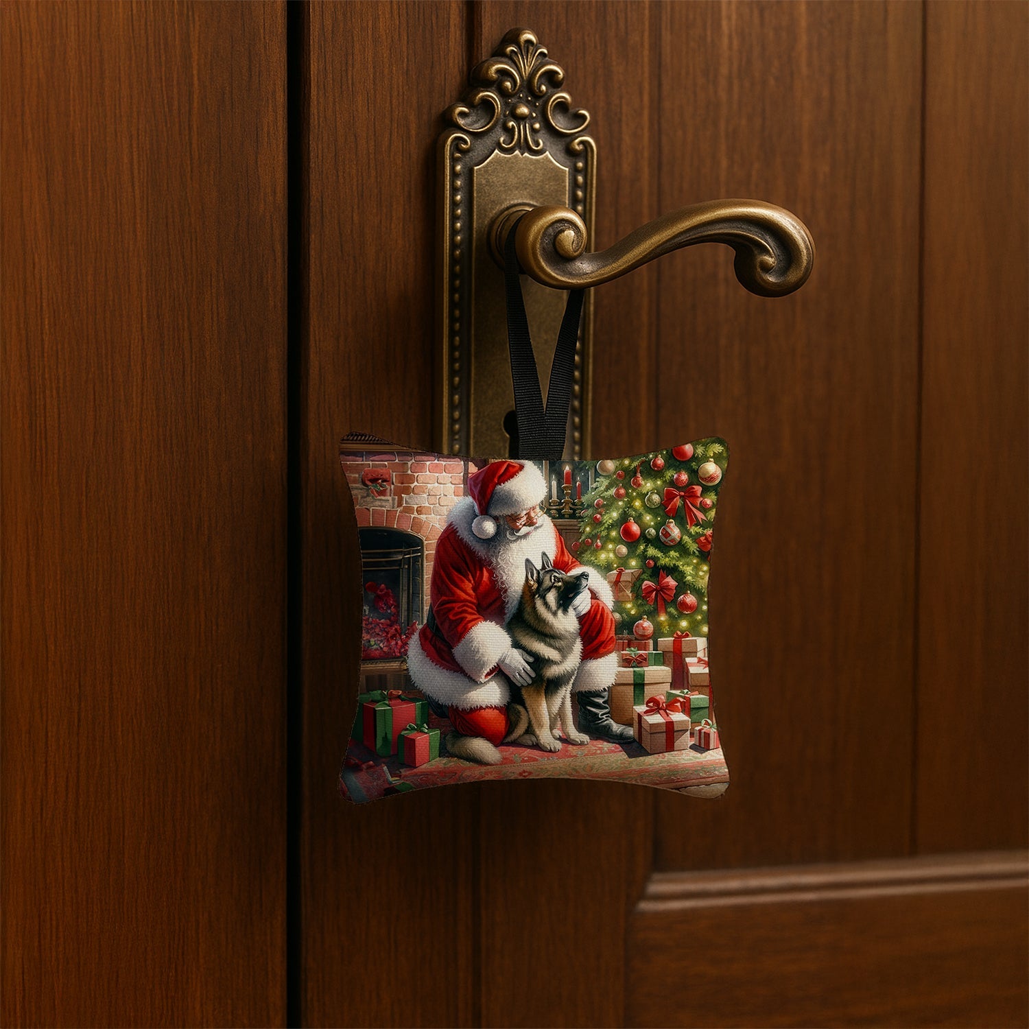Norwegian Elkhound and Santa Claus Hanging Square Fabric Ornament 3.5 × 3.5 Decorative Door-Knob & Tree Hanger, Soft Fabric