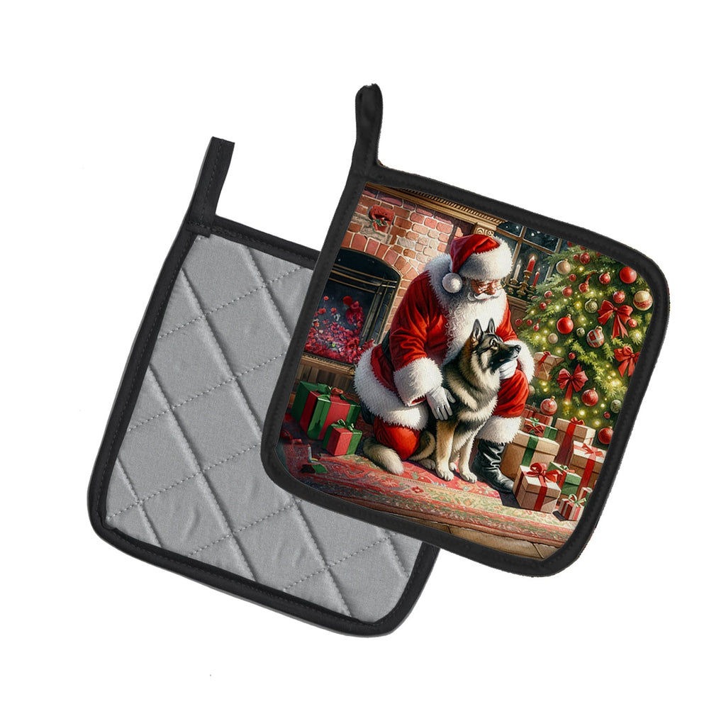 Norwegian Elkhound and Santa Claus Pot Holder Set of 2 Heat Resistant Quilted Hot Pads 7.5 x 7.5 Inch, Insulated Kitchen Trivets for Cooking & Baking