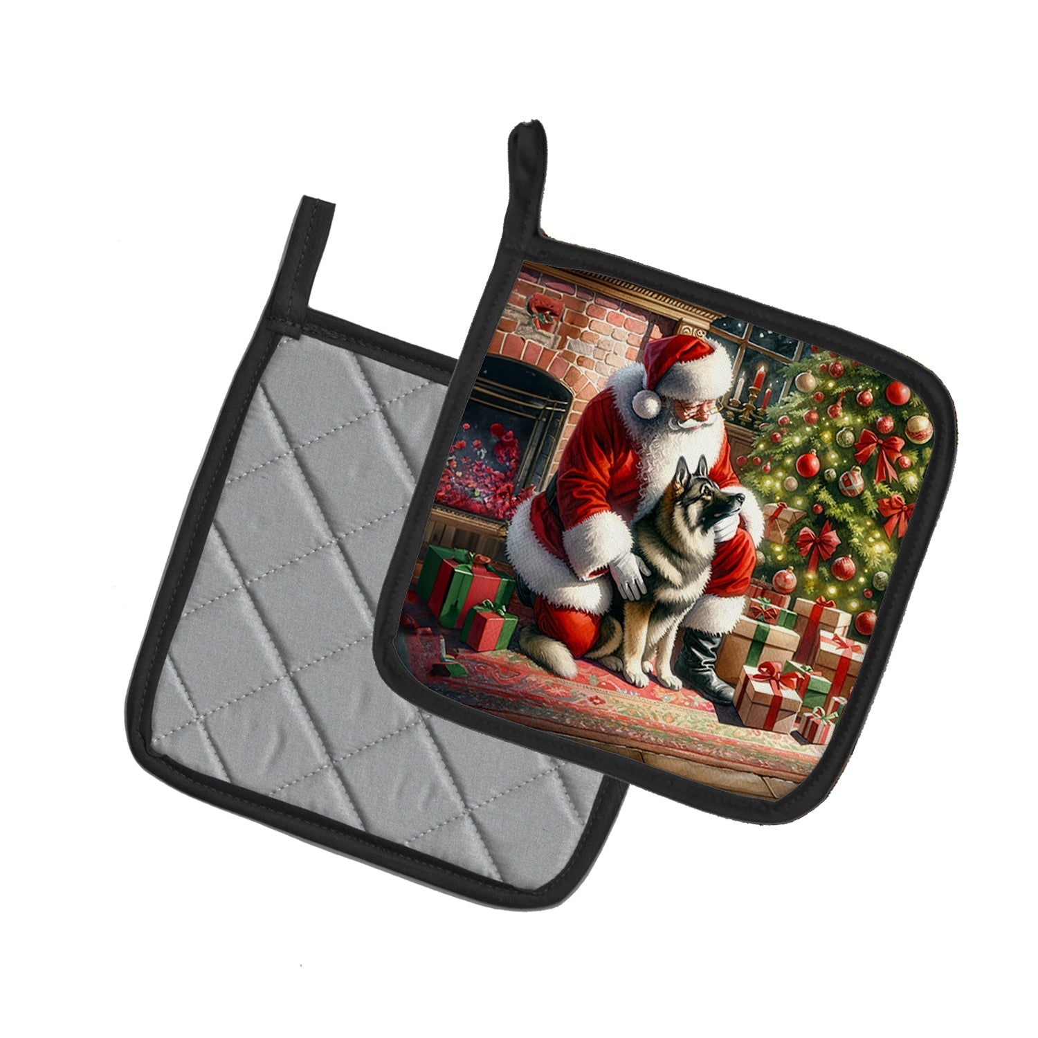 Norwegian Elkhound and Santa Claus Pot Holder Set of 2 Heat Resistant Quilted Hot Pads 7.5 x 7.5 Inch, Insulated Kitchen Trivets for Cooking & Baking