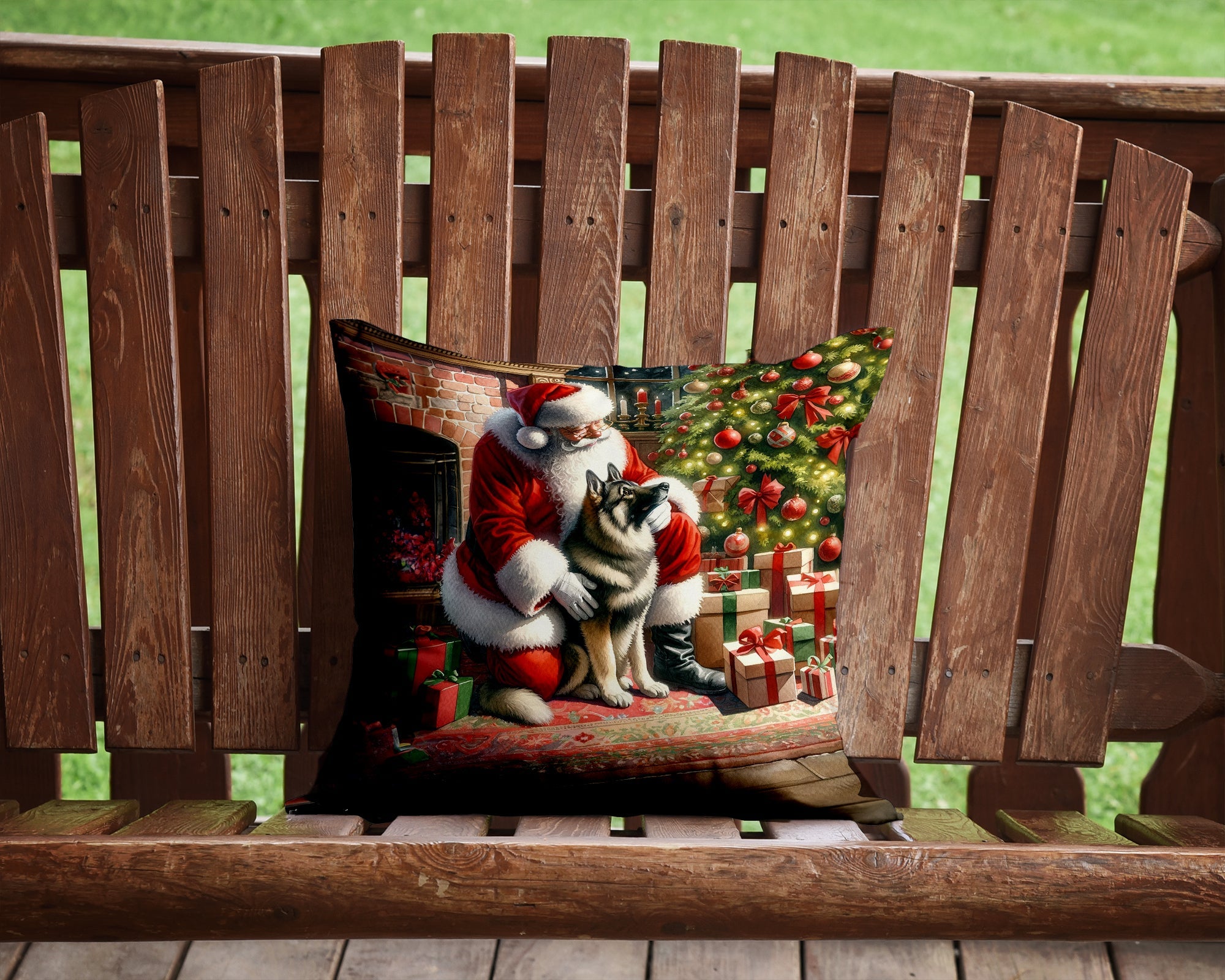Norwegian Elkhound and Santa Claus Decorative Throw Pillow 14x14 Indoor Outdoor Accent Cushion, Fabric Cover with Insert for Sofa, Bed, Porch & Living Room