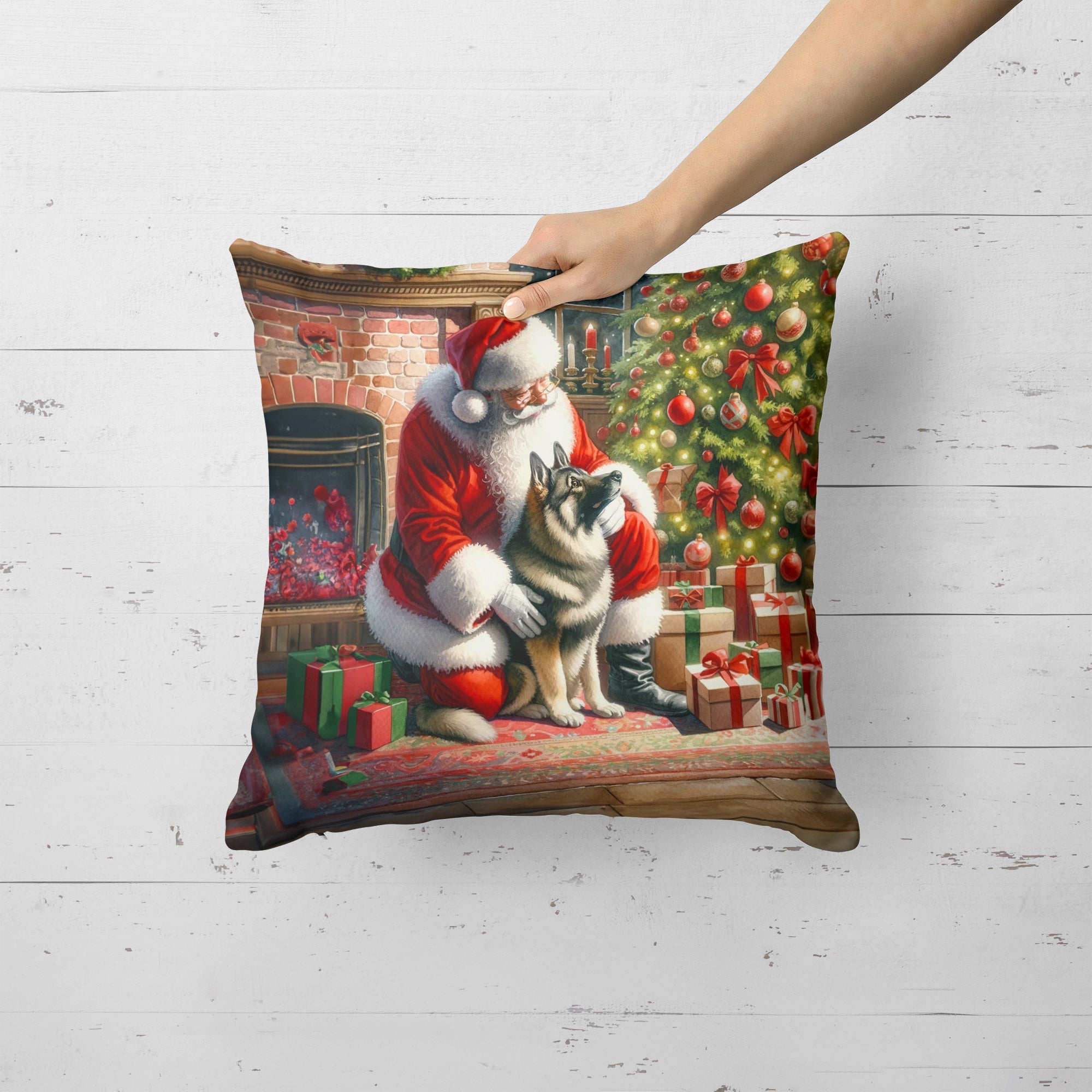 Norwegian Elkhound and Santa Claus Decorative Throw Pillow 18x18 Indoor Outdoor Accent Cushion, Fabric Cover with Insert for Sofa, Bed, Porch & Living Room