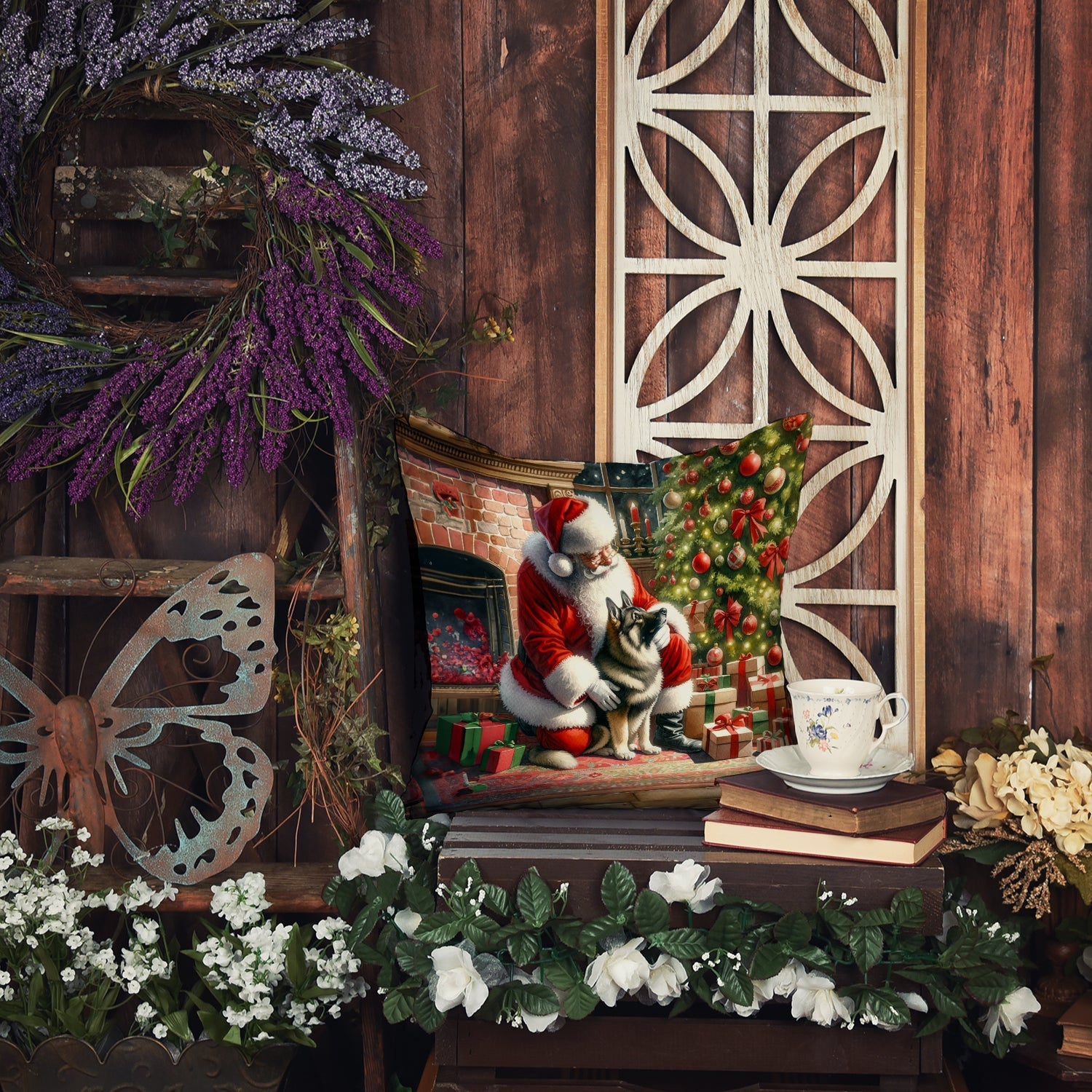 Norwegian Elkhound and Santa Claus Decorative Throw Pillow 18x18 Indoor Outdoor Accent Cushion, Fabric Cover with Insert for Sofa, Bed, Porch & Living Room