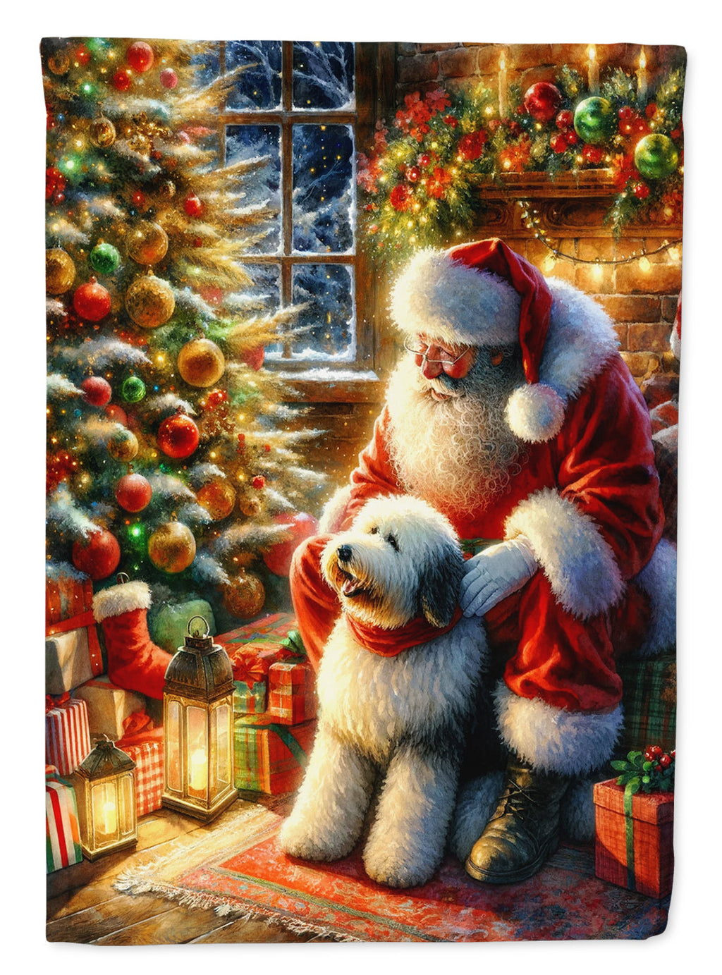 Old English Sheepdog and Santa Claus House Flag 28x40 Porch Sleeve Pole Decorative Outside Yard Banner Artwork Wall Hanging, Polyester