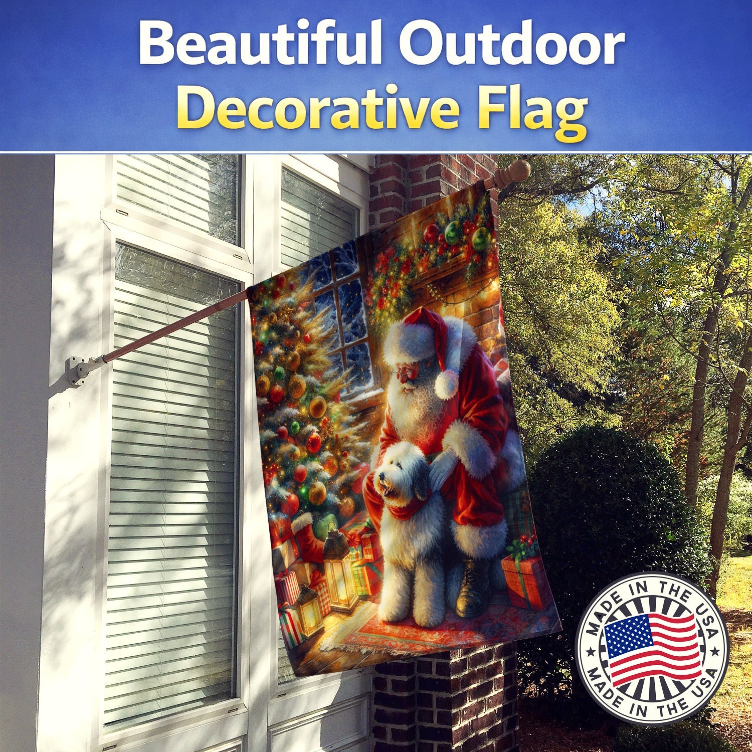 Old English Sheepdog and Santa Claus House Flag 28x40 Porch Sleeve Pole Decorative Outside Yard Banner Artwork Wall Hanging, Polyester
