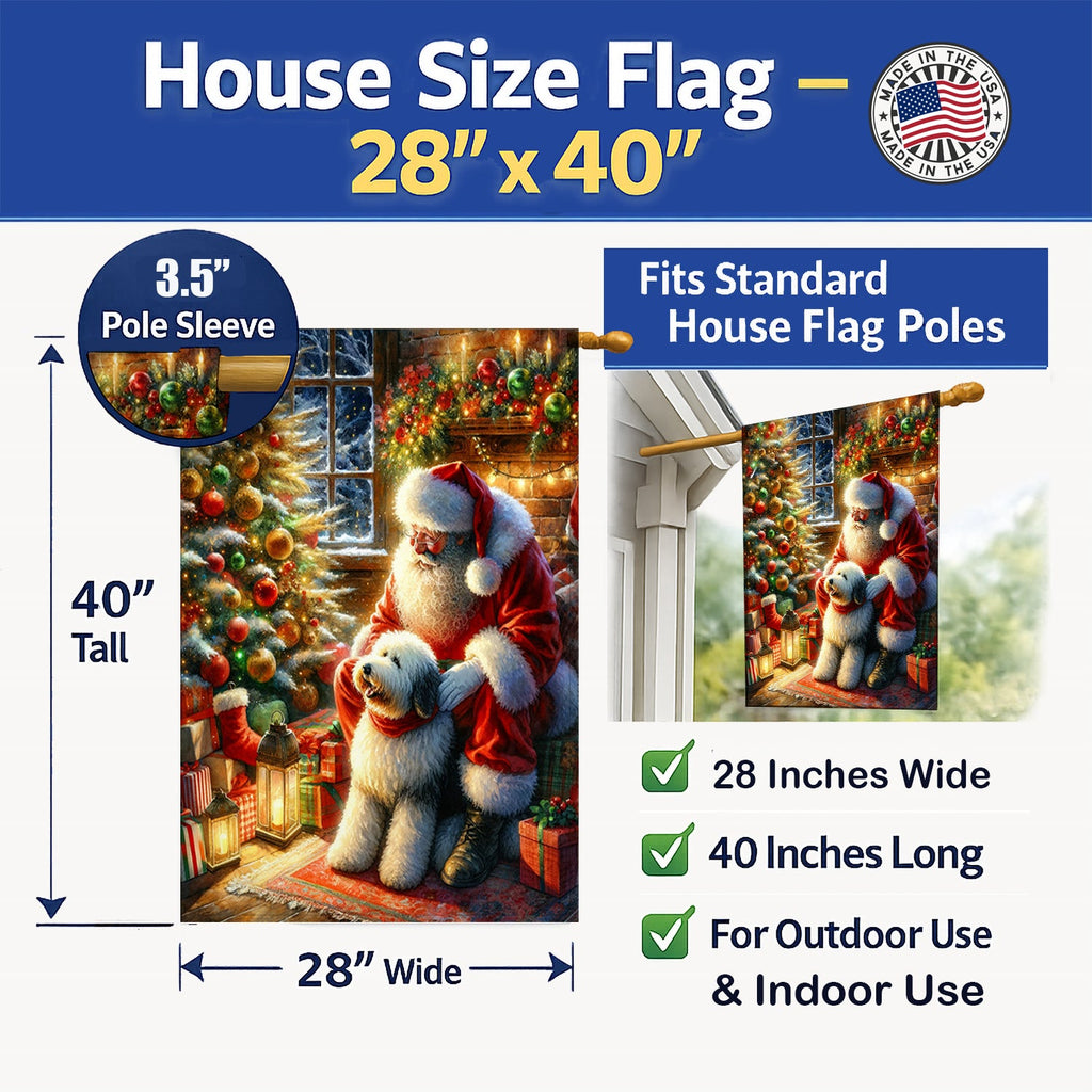 Old English Sheepdog and Santa Claus House Flag 28x40 Porch Sleeve Pole Decorative Outside Yard Banner Artwork Wall Hanging, Polyester