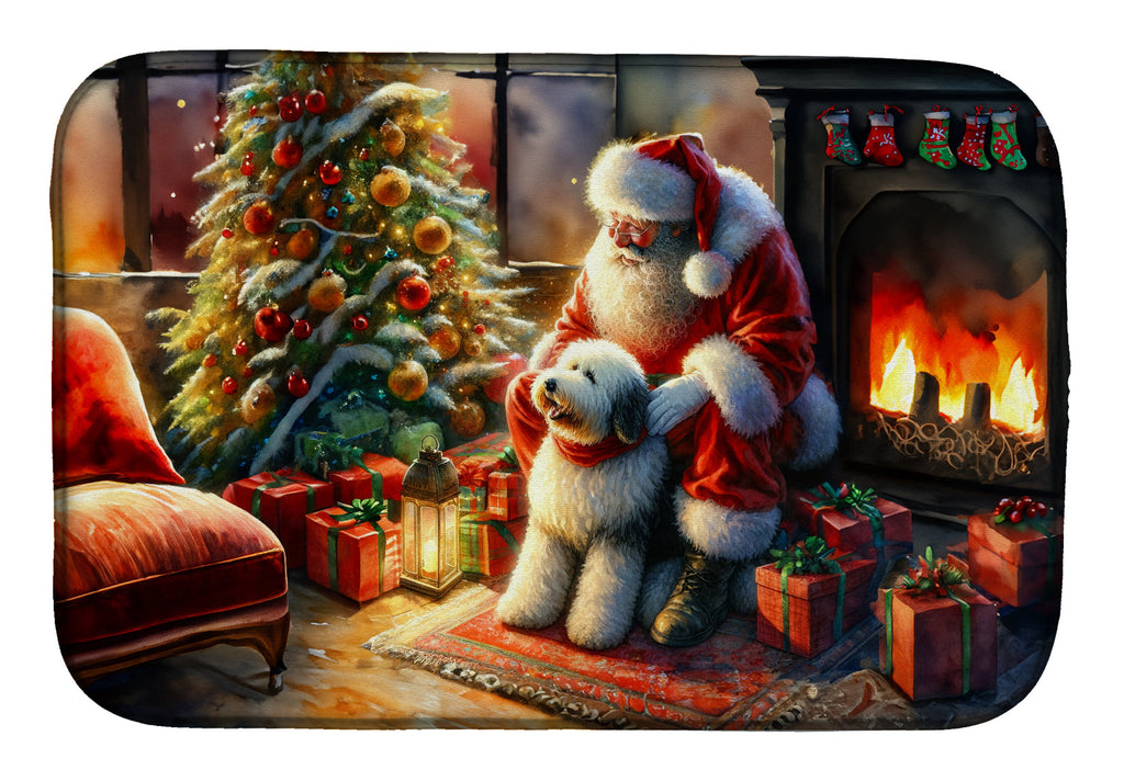 Old English Sheepdog and Santa Claus Dish Drying Mat Absorbent Dish Drying Mat Pad for Kitchen Counter Dish Drainer Mat for Countertop, 14 x 21", Multicolor