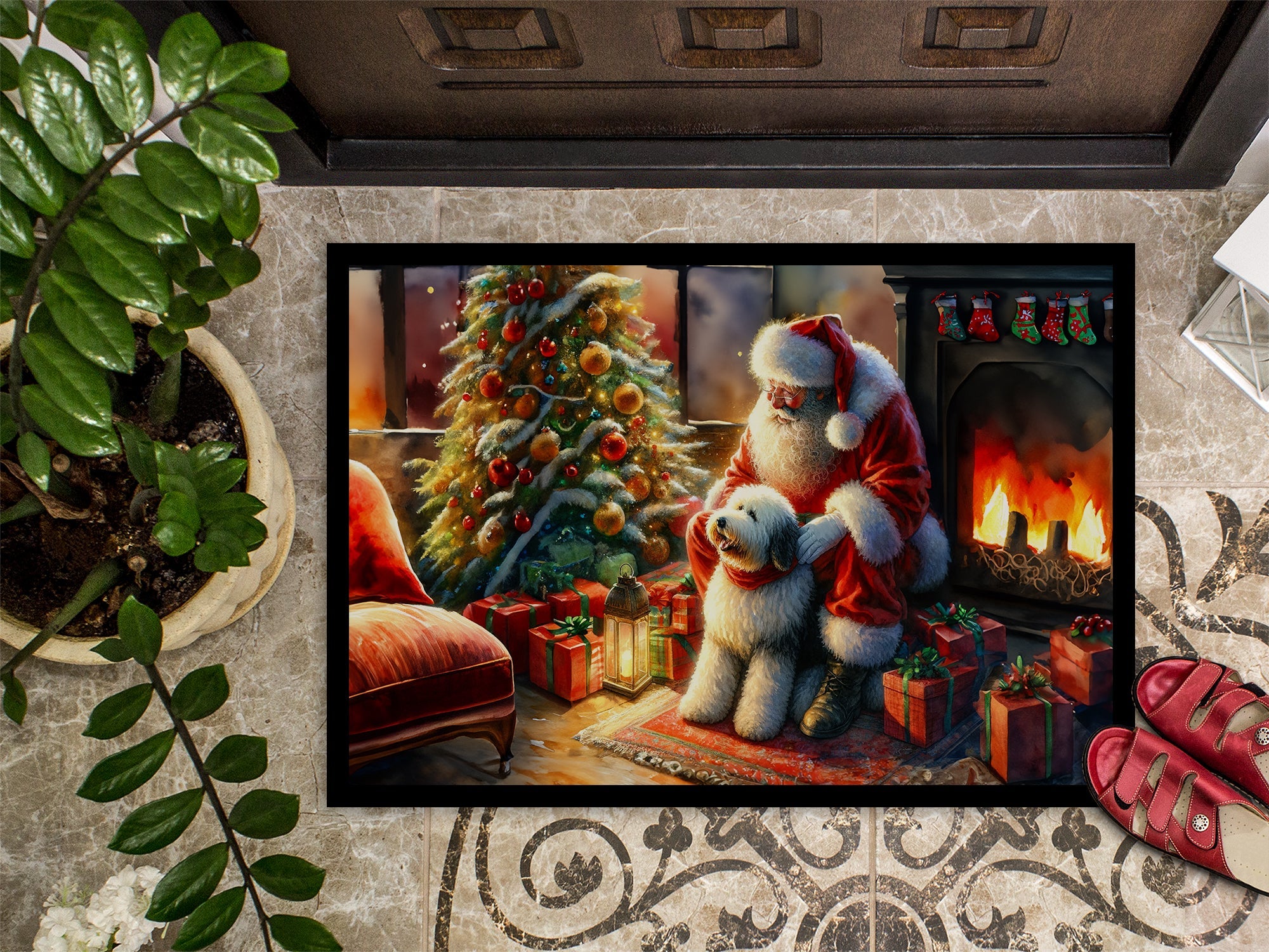 Old English Sheepdog and Santa Claus Doormat Indoor Outdoor 18H X 27W Front Door Mat Rugs for Entryway, Non Slip Washable