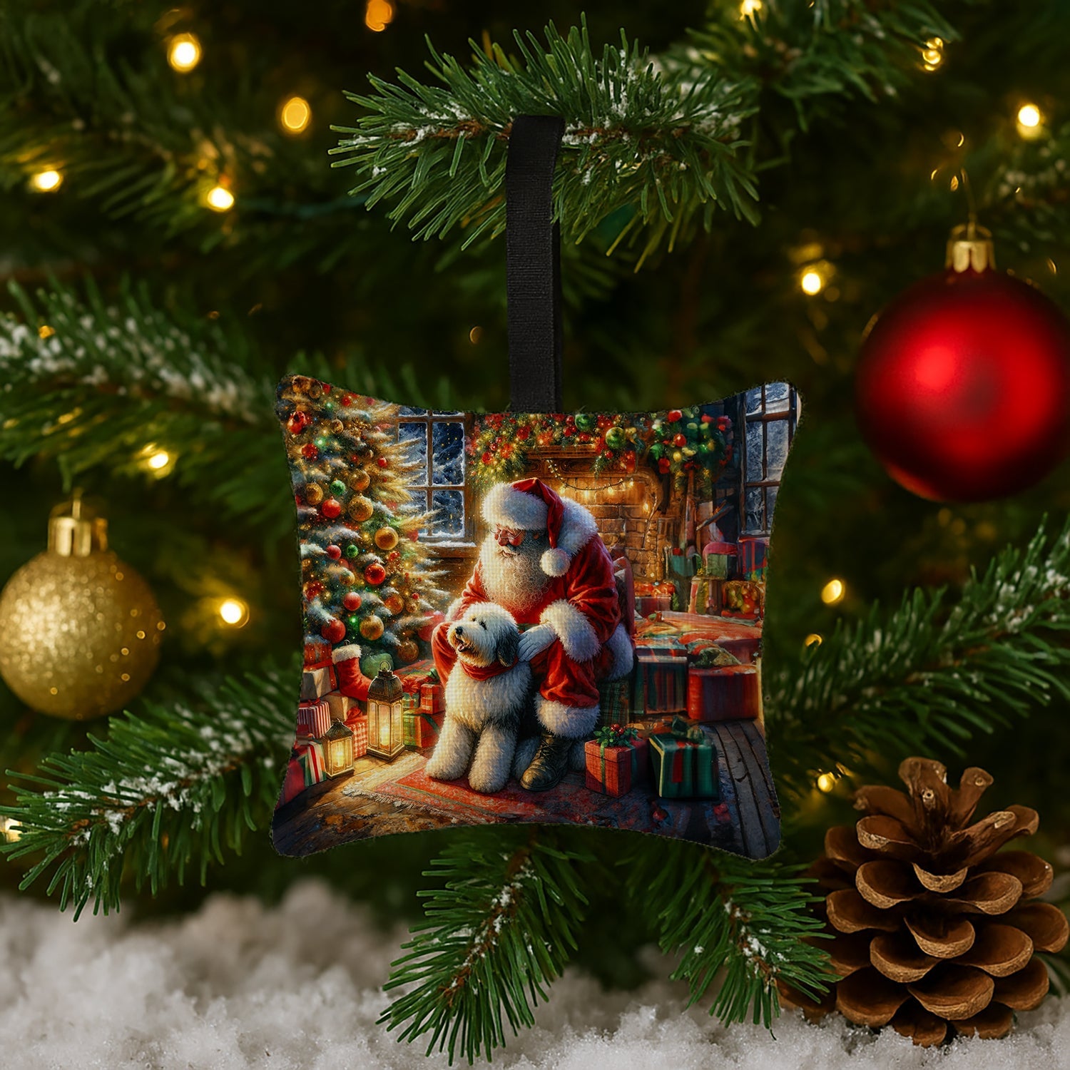 Old English Sheepdog and Santa Claus Hanging Square Fabric Ornament 3.5 × 3.5 Decorative Door-Knob & Tree Hanger, Soft Fabric