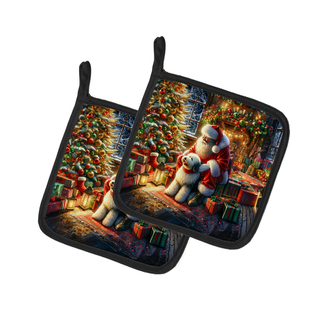 Old English Sheepdog and Santa Claus Pot Holder Set of 2 Heat Resistant Quilted Hot Pads 7.5 x 7.5 Inch, Insulated Kitchen Trivets for Cooking & Baking