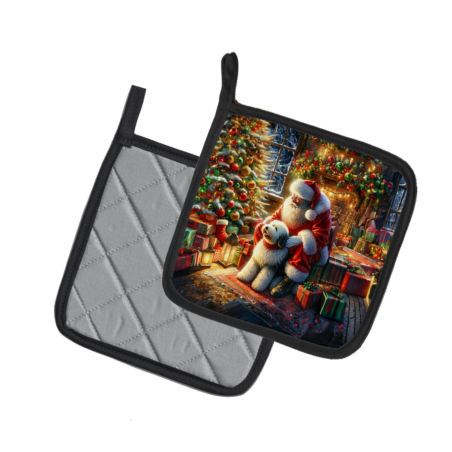 Old English Sheepdog and Santa Claus Pot Holder Set of 2 Heat Resistant Quilted Hot Pads 7.5 x 7.5 Inch, Insulated Kitchen Trivets for Cooking & Baking