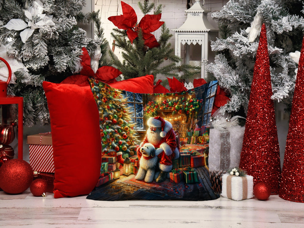 Old English Sheepdog and Santa Claus Decorative Throw Pillow 14x14 Indoor Outdoor Accent Cushion, Fabric Cover with Insert for Sofa, Bed, Porch & Living Room