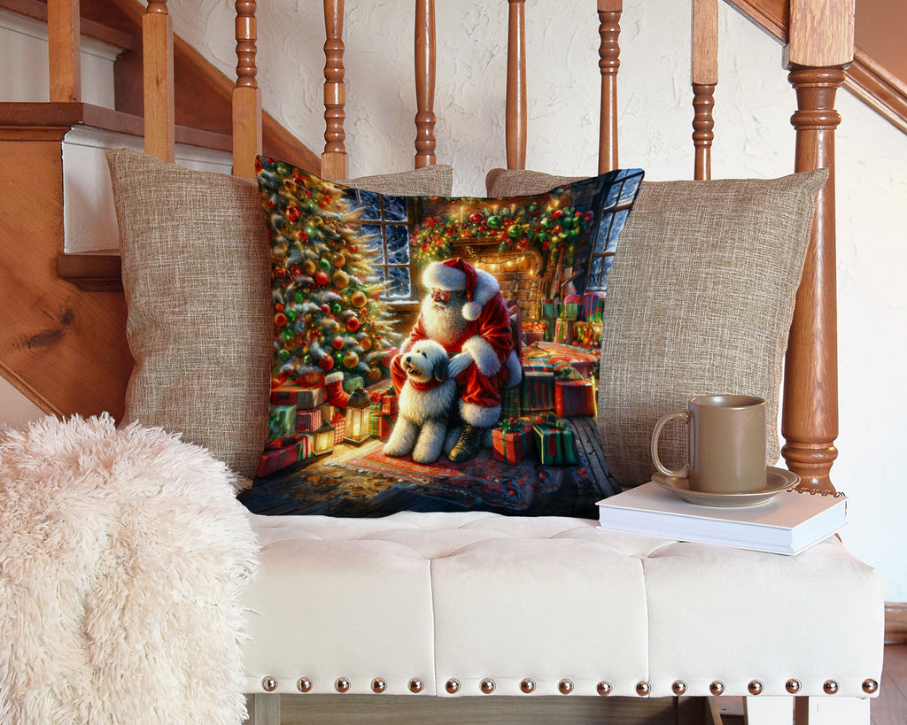 Old English Sheepdog and Santa Claus Decorative Throw Pillow 14x14 Indoor Outdoor Accent Cushion, Fabric Cover with Insert for Sofa, Bed, Porch & Living Room