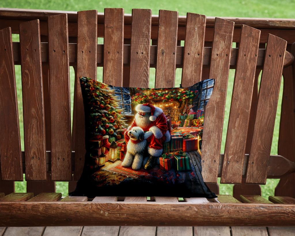 Old English Sheepdog and Santa Claus Decorative Throw Pillow 14x14 Indoor Outdoor Accent Cushion, Fabric Cover with Insert for Sofa, Bed, Porch & Living Room