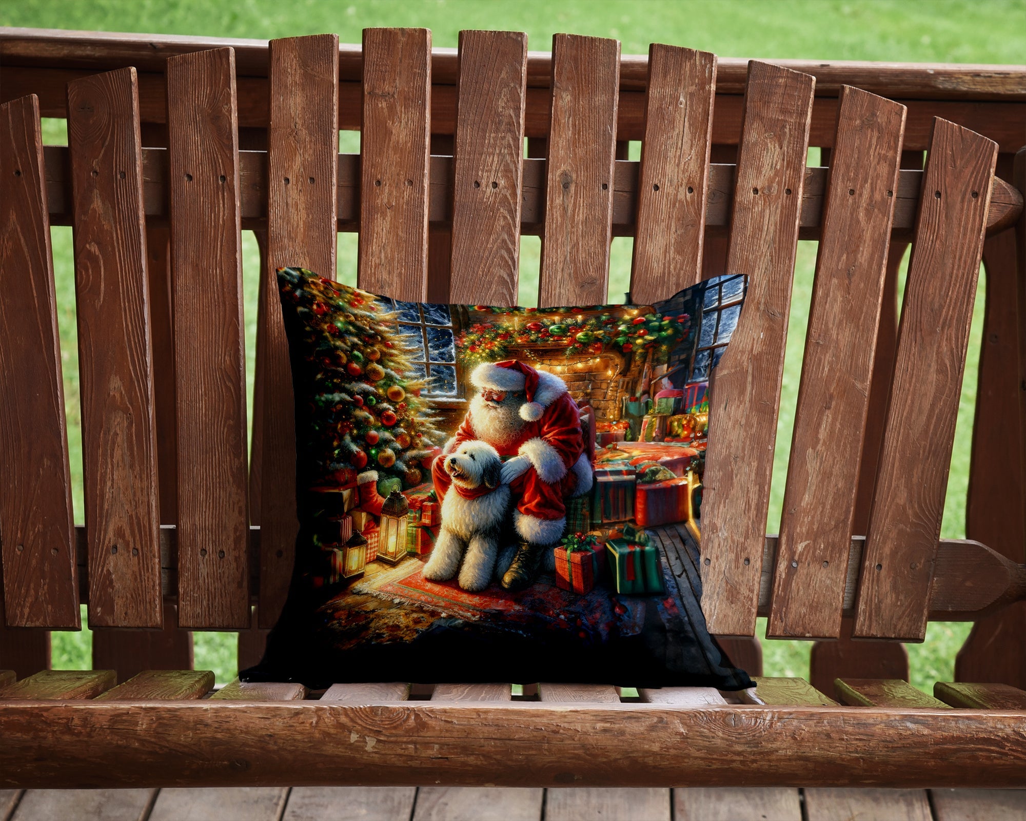 Old English Sheepdog and Santa Claus Decorative Throw Pillow 14x14 Indoor Outdoor Accent Cushion, Fabric Cover with Insert for Sofa, Bed, Porch & Living Room