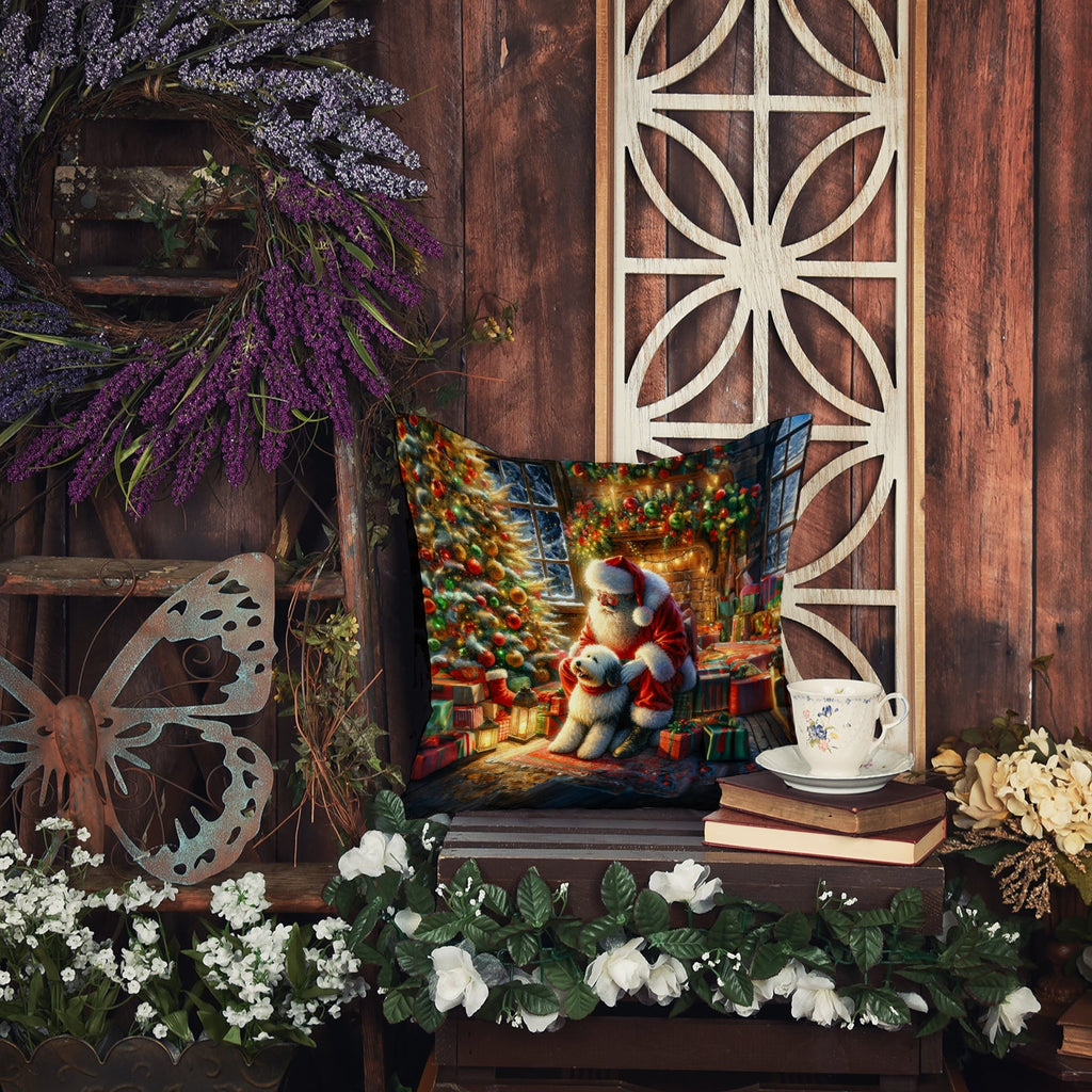 Old English Sheepdog and Santa Claus Decorative Throw Pillow 14x14 Indoor Outdoor Accent Cushion, Fabric Cover with Insert for Sofa, Bed, Porch & Living Room