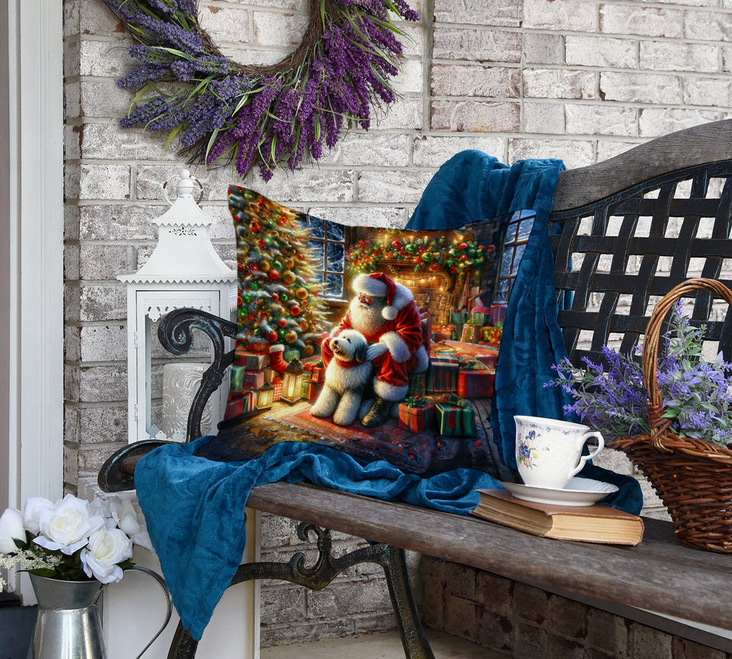 Old English Sheepdog and Santa Claus Decorative Throw Pillow 18x18 Indoor Outdoor Accent Cushion, Fabric Cover with Insert for Sofa, Bed, Porch & Living Room