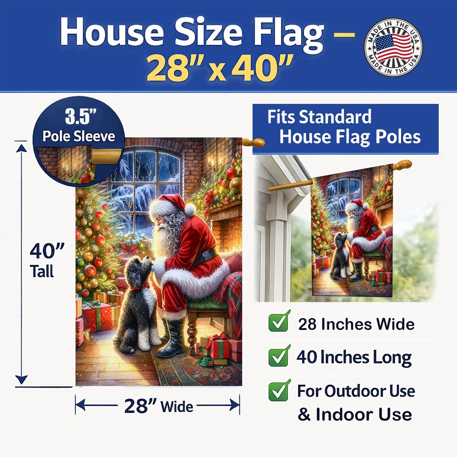 Portuguese Water Dog and Santa Claus House Flag 28x40 Porch Sleeve Pole Decorative Outside Yard Banner Artwork Wall Hanging, Polyester