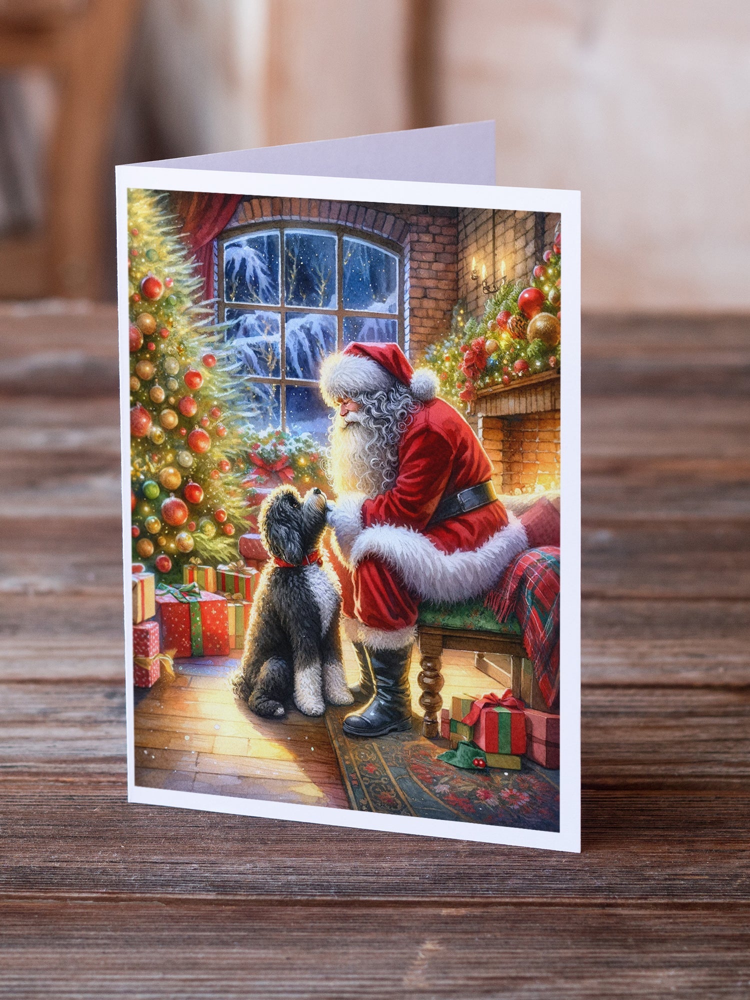 Portuguese Water Dog and Santa Claus Greeting Cards Pack of 8 Blank Cards with Envelopes Whimsical A7 Size 5x7