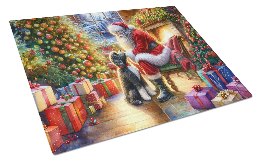 Portuguese Water Dog and Santa Claus Cutting Board Tempered Glass Kitchen Cutting Surface, Heat Resistant Chopping, Non-Slip Feet, Food Prep & Serving