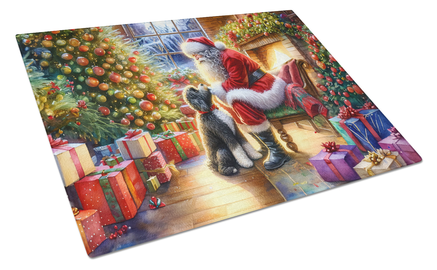 Portuguese Water Dog and Santa Claus Cutting Board Tempered Glass Kitchen Cutting Surface, Heat Resistant Chopping, Non-Slip Feet, Food Prep & Serving
