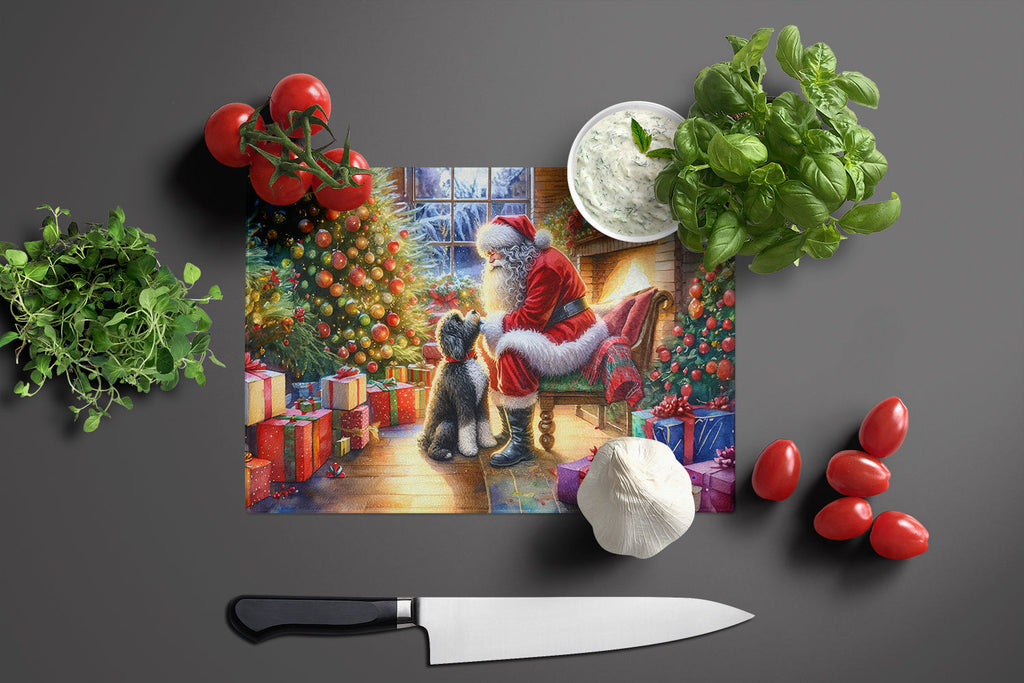 Portuguese Water Dog and Santa Claus Cutting Board Tempered Glass Kitchen Cutting Surface, Heat Resistant Chopping, Non-Slip Feet, Food Prep & Serving