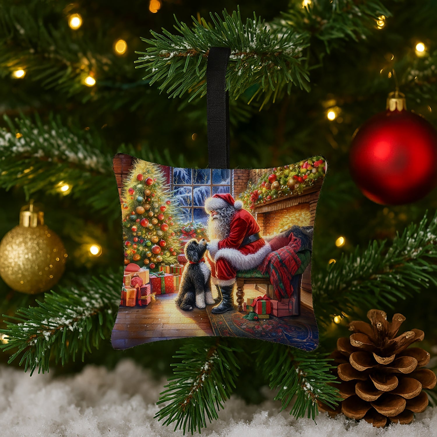 Portuguese Water Dog and Santa Claus Hanging Square Fabric Ornament 3.5 × 3.5 Decorative Door-Knob & Tree Hanger, Soft Fabric