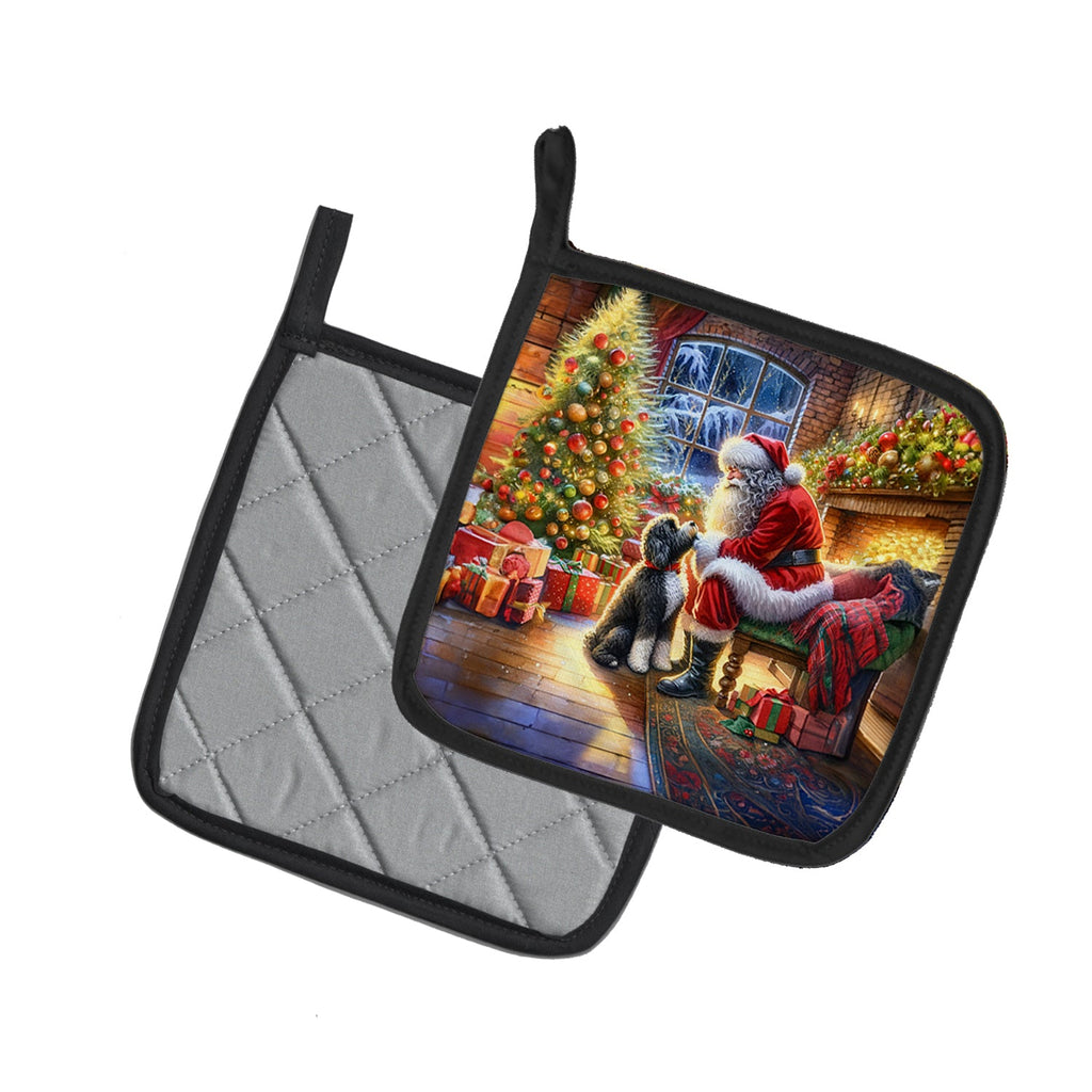 Portuguese Water Dog and Santa Claus Pot Holder Set of 2 Heat Resistant Quilted Hot Pads 7.5 x 7.5 Inch, Insulated Kitchen Trivets for Cooking & Baking