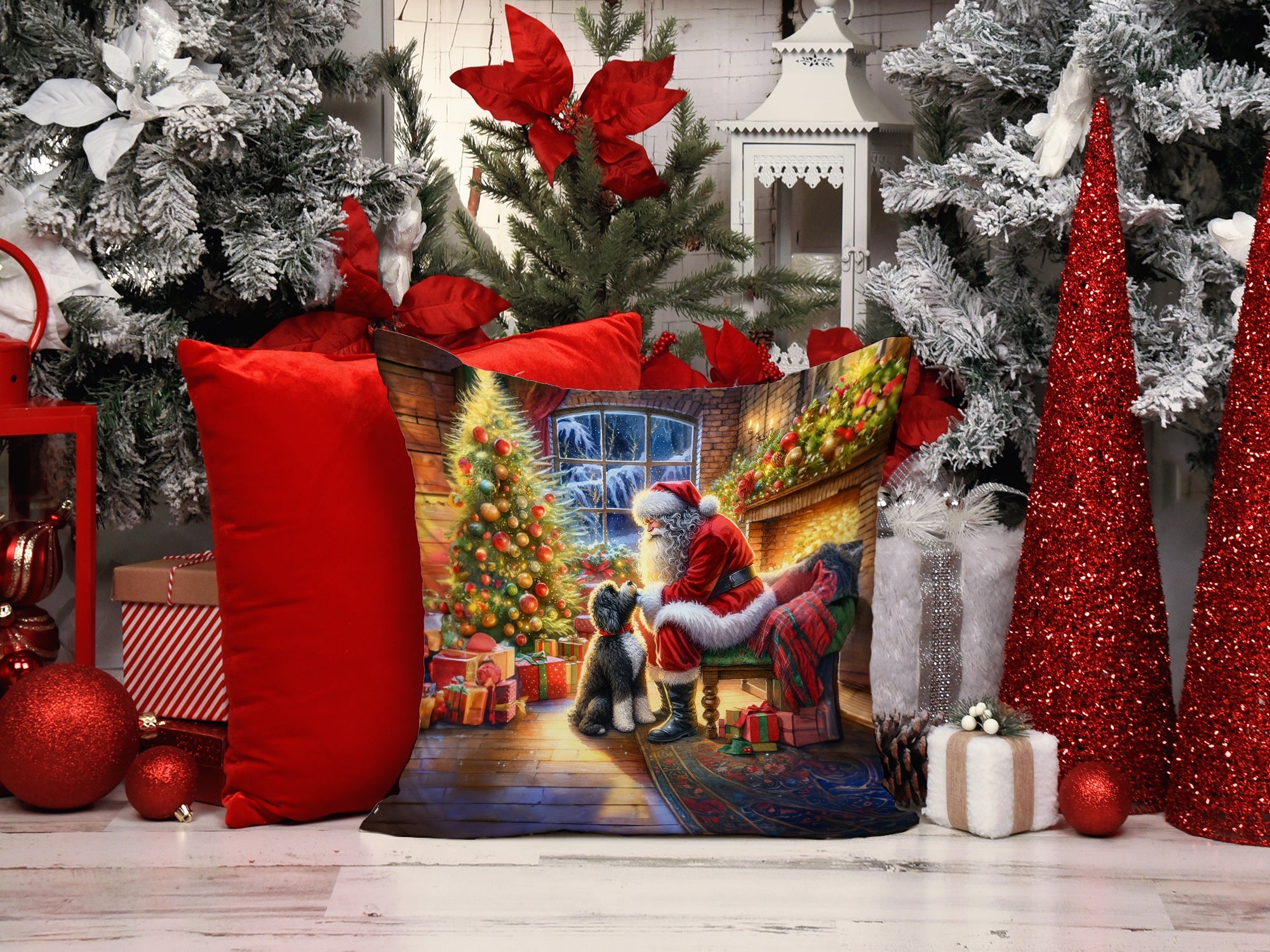 Portuguese Water Dog and Santa Claus Decorative Throw Pillow 14x14 Indoor Outdoor Accent Cushion, Fabric Cover with Insert for Sofa, Bed, Porch & Living Room
