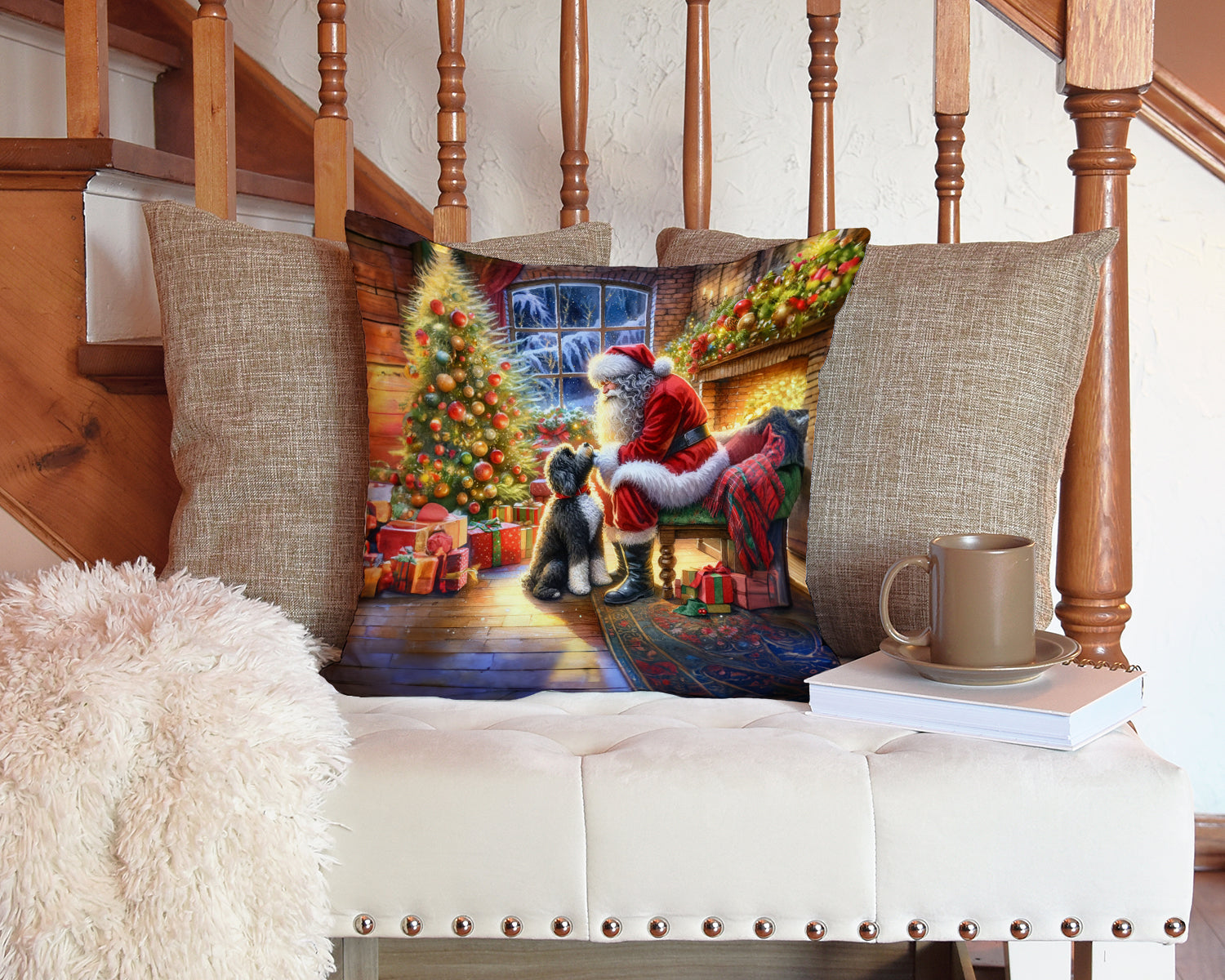 Portuguese Water Dog and Santa Claus Decorative Throw Pillow 14x14 Indoor Outdoor Accent Cushion, Fabric Cover with Insert for Sofa, Bed, Porch & Living Room
