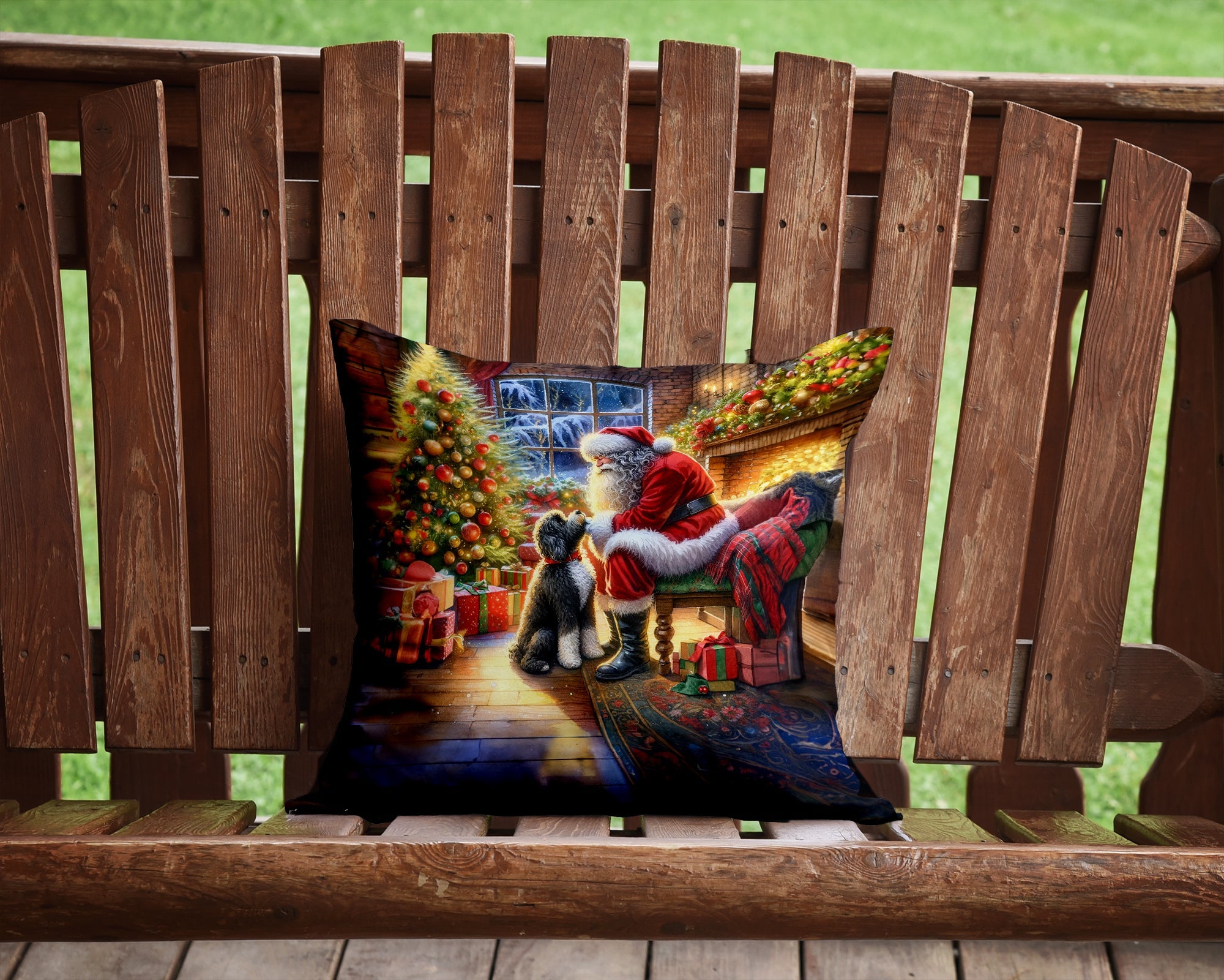 Portuguese Water Dog and Santa Claus Decorative Throw Pillow 14x14 Indoor Outdoor Accent Cushion, Fabric Cover with Insert for Sofa, Bed, Porch & Living Room