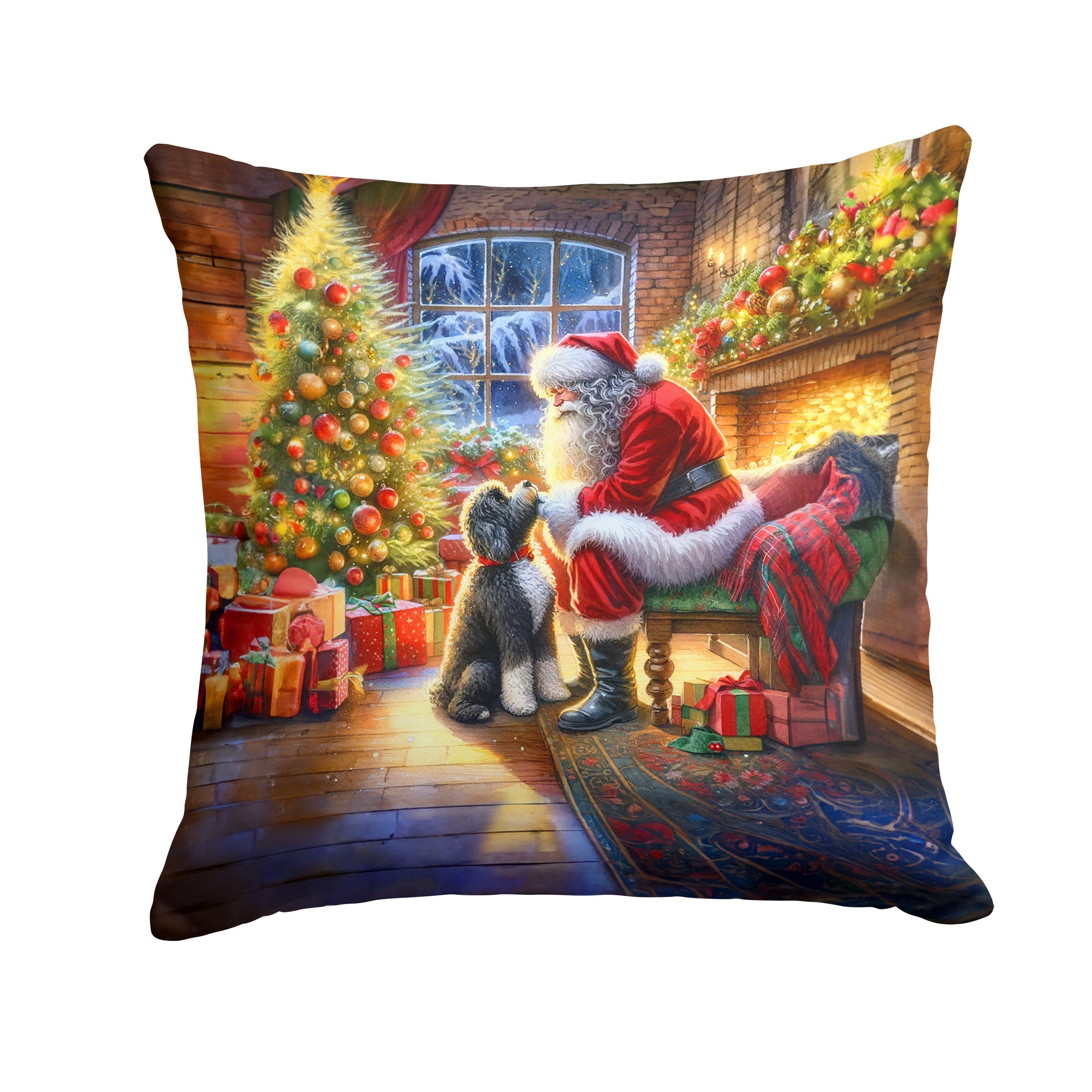 Portuguese Water Dog and Santa Claus Decorative Throw Pillow 18x18 Indoor Outdoor Accent Cushion, Fabric Cover with Insert for Sofa, Bed, Porch & Living Room