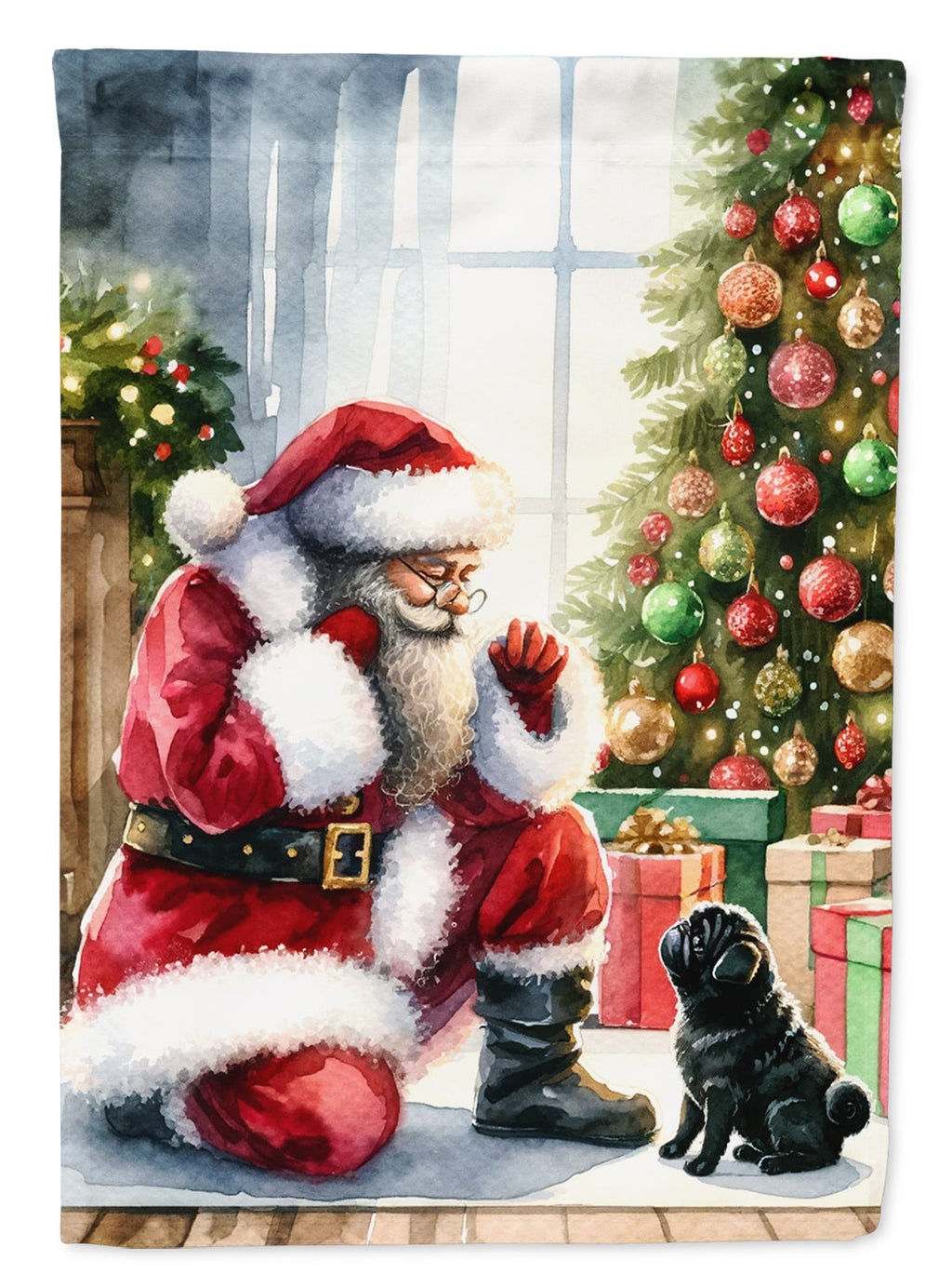 Black Pug and Santa Claus House Flag 28x40 Porch Sleeve Pole Decorative Outside Yard Banner Artwork Wall Hanging, Polyester