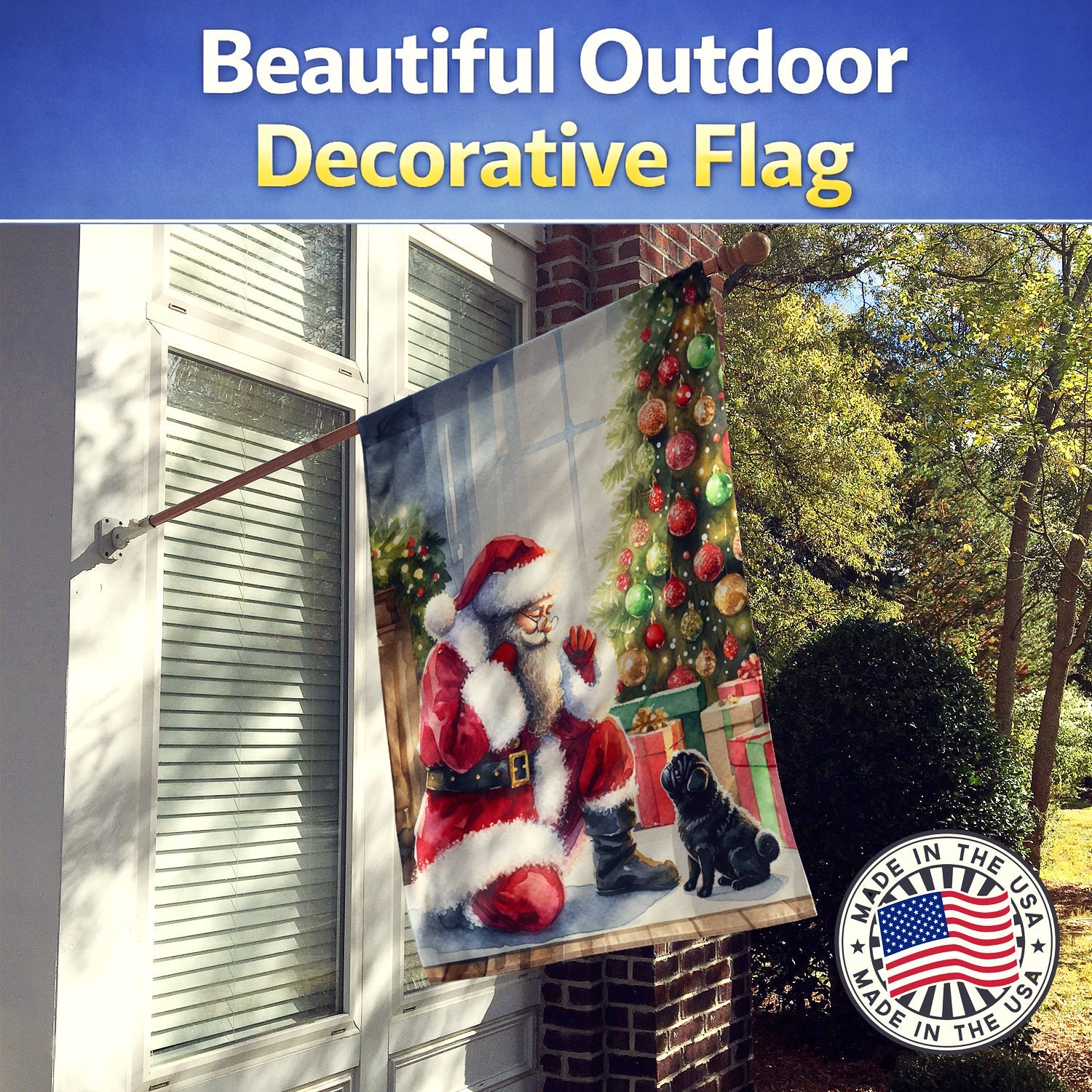Black Pug and Santa Claus House Flag 28x40 Porch Sleeve Pole Decorative Outside Yard Banner Artwork Wall Hanging, Polyester
