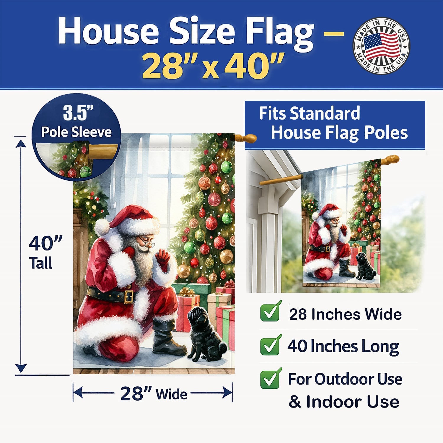 Black Pug and Santa Claus House Flag 28x40 Porch Sleeve Pole Decorative Outside Yard Banner Artwork Wall Hanging, Polyester
