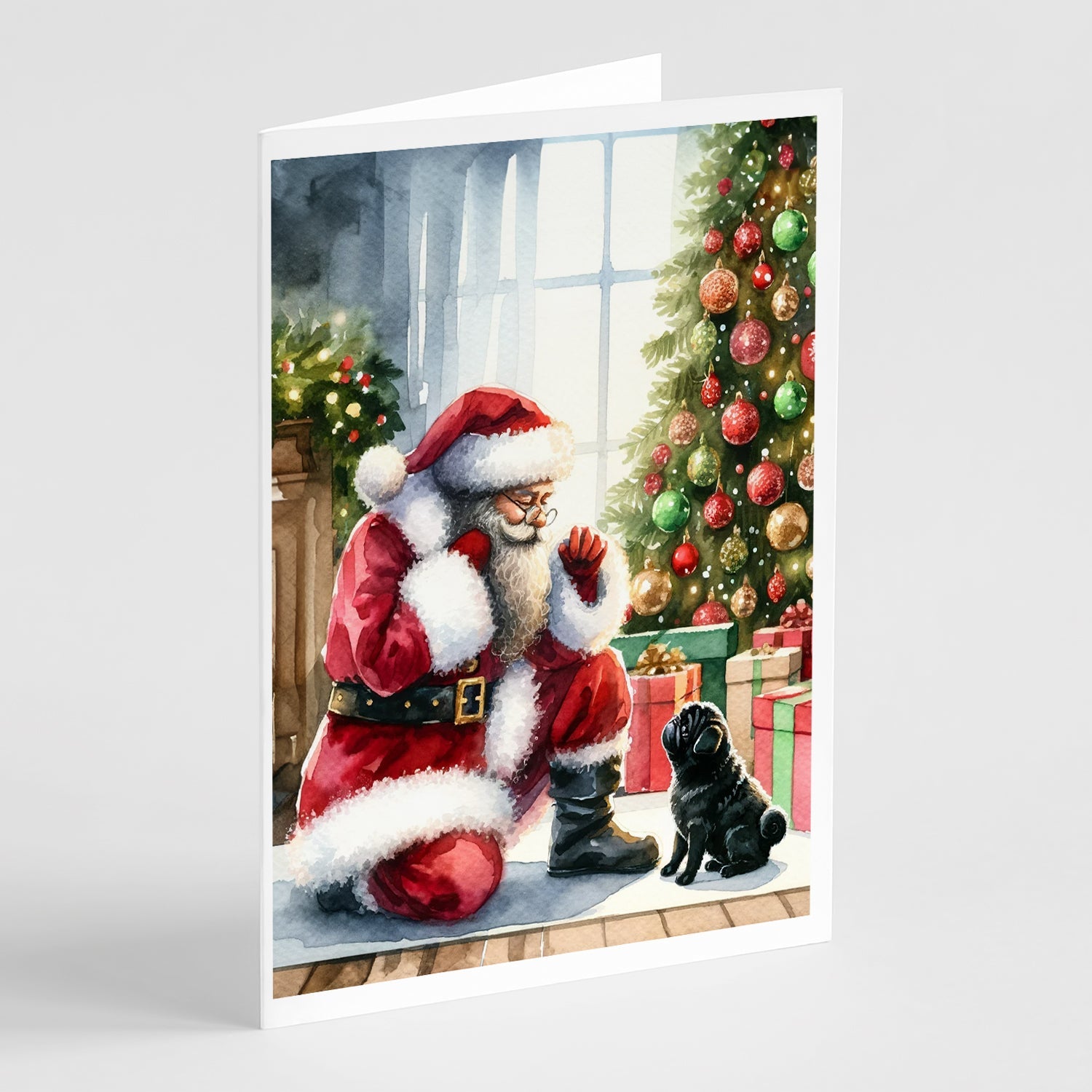 Black Pug and Santa Claus Greeting Cards Pack of 8 Blank Cards with Envelopes Whimsical A7 Size 5x7