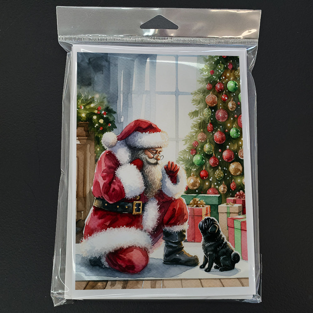 Black Pug and Santa Claus Greeting Cards Pack of 8 Blank Cards with Envelopes Whimsical A7 Size 5x7