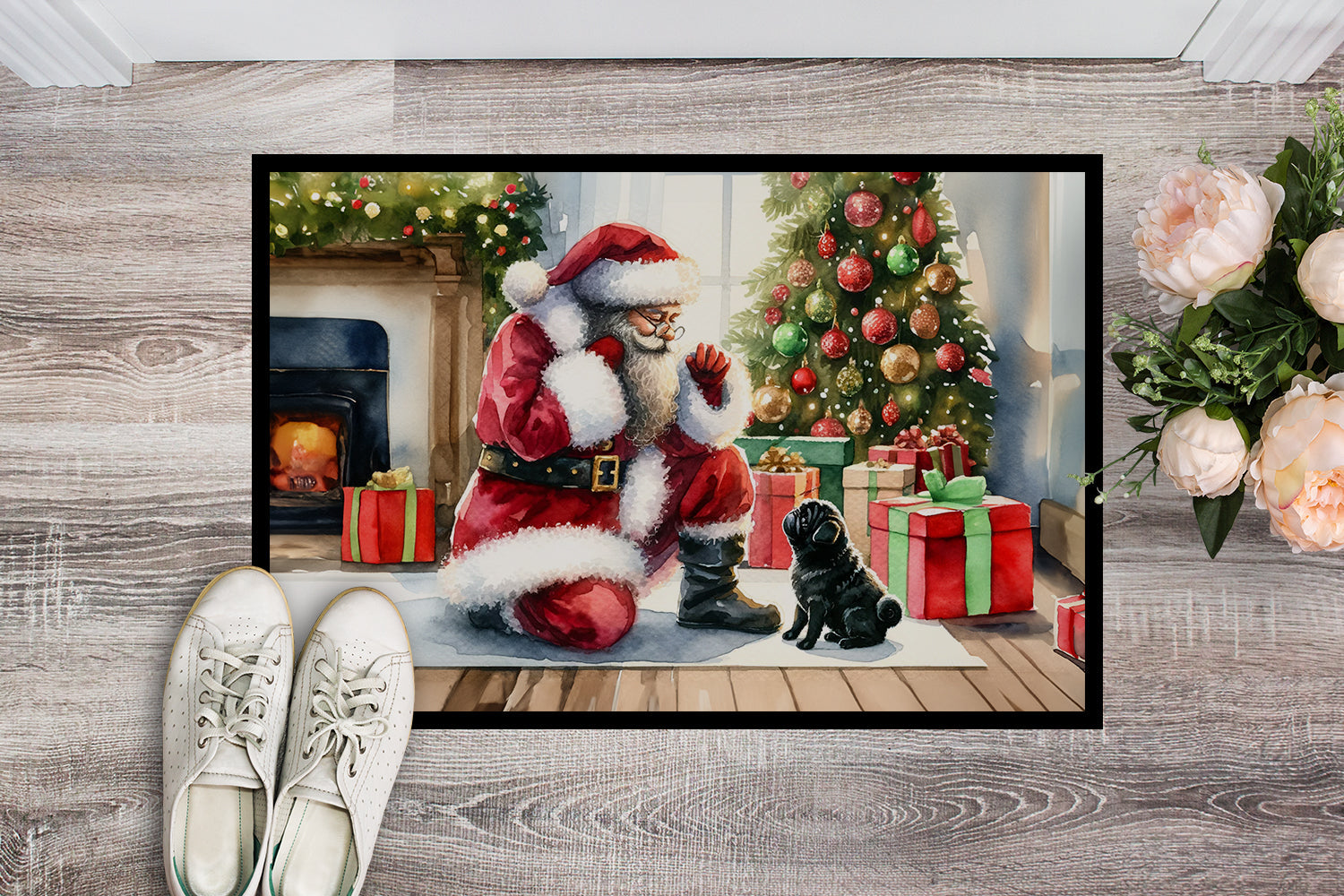 Black Pug and Santa Claus Doormat Indoor Outdoor 24H X 36W Front Door Mat Rugs for Entryway, Non Slip Washable Low Pile,